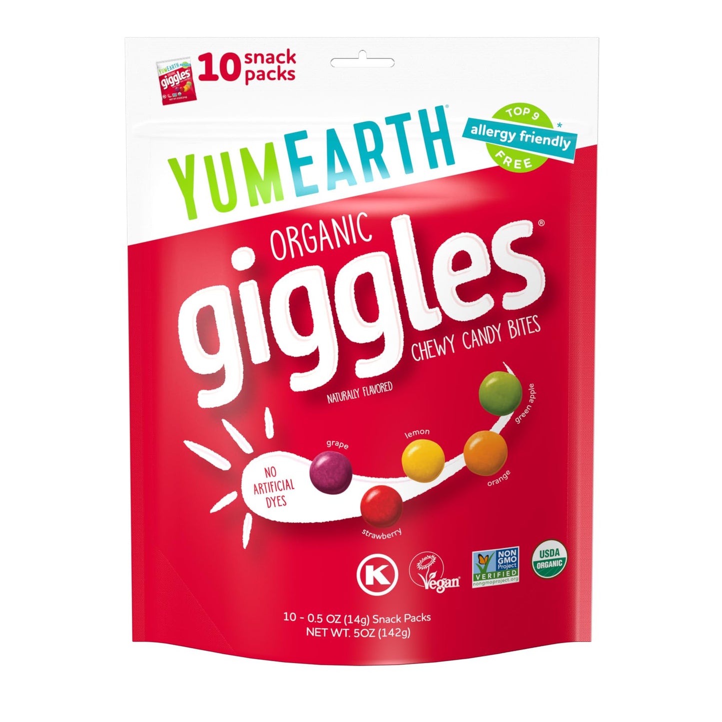 YumEarth Organic Giggles Chewy Candy - Allergy Friendly, Non-GMO, Vegan - 0.5 Ounce (Pack of 10), Multi