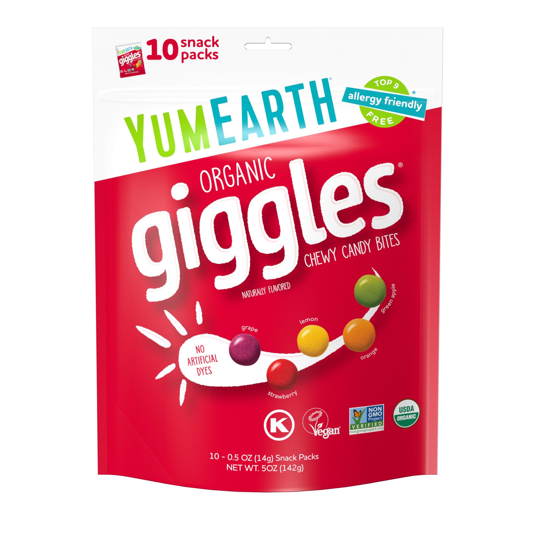YumEarth Organic Giggles Chewy Candy - Allergy Friendly, Non-GMO, Vegan - 0.5 Ounce (Pack of 10), Multi