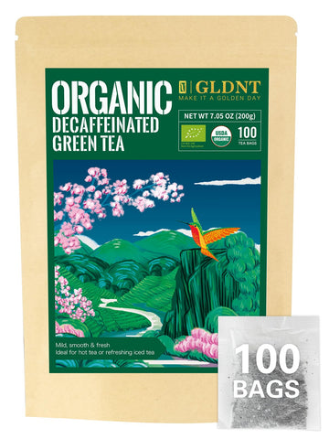 GLDNT Organic Decaf Green Tea Bags  Organic Green Tea Decaffeinated  Smooth Flavor  Super Antioxidant  Iced & Hot Tea  100 Count