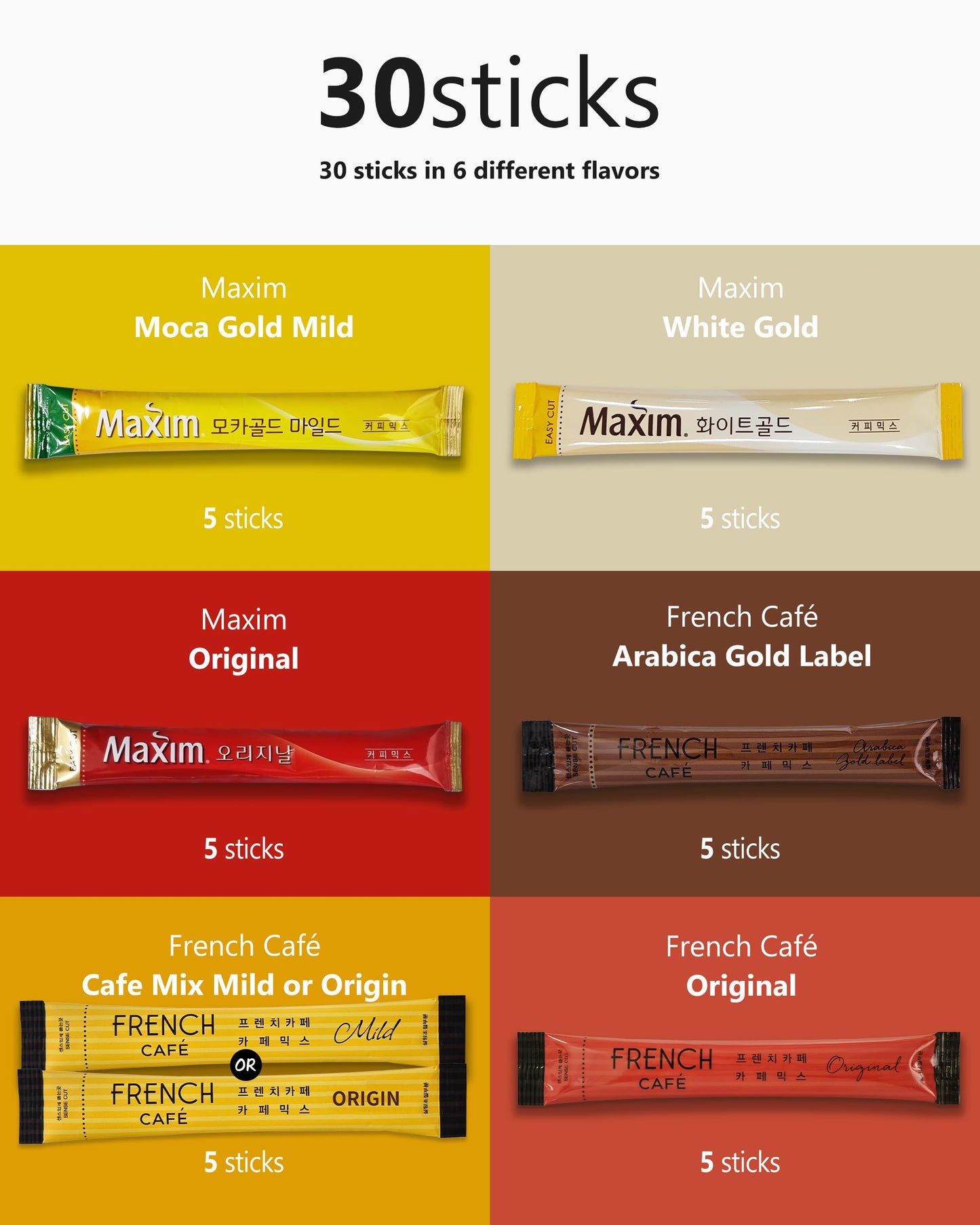Cutie Mango Maxim French Enhanced Korean Instant Coffee Mix Sampler 6 Flavors Assortment Café Style Camping Party Single Serve Packets 30 Variety Pack (5 Sticks Each) With Complimentary 2 Teabags