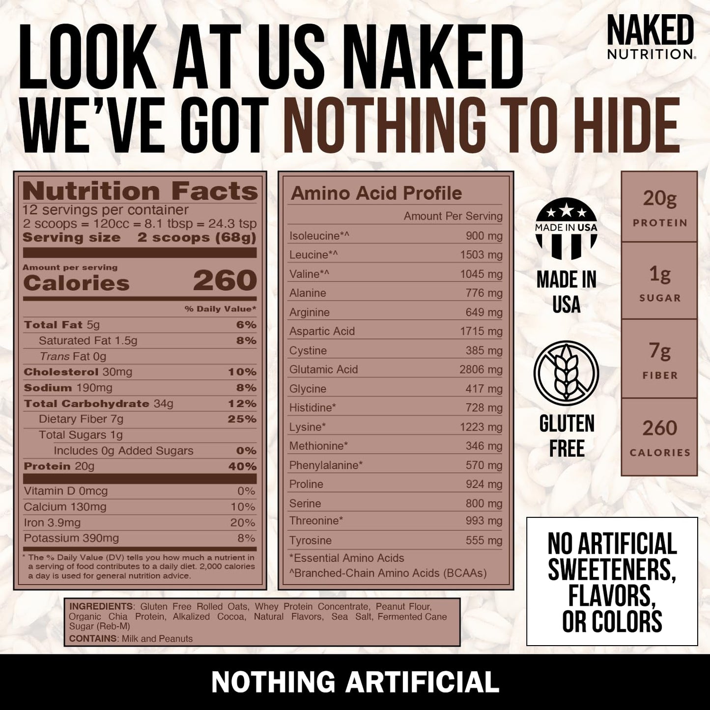 Naked Nutrition Chocolate PB Overnight Oats, 20g Protein, Gluten-Free, 12 Servings