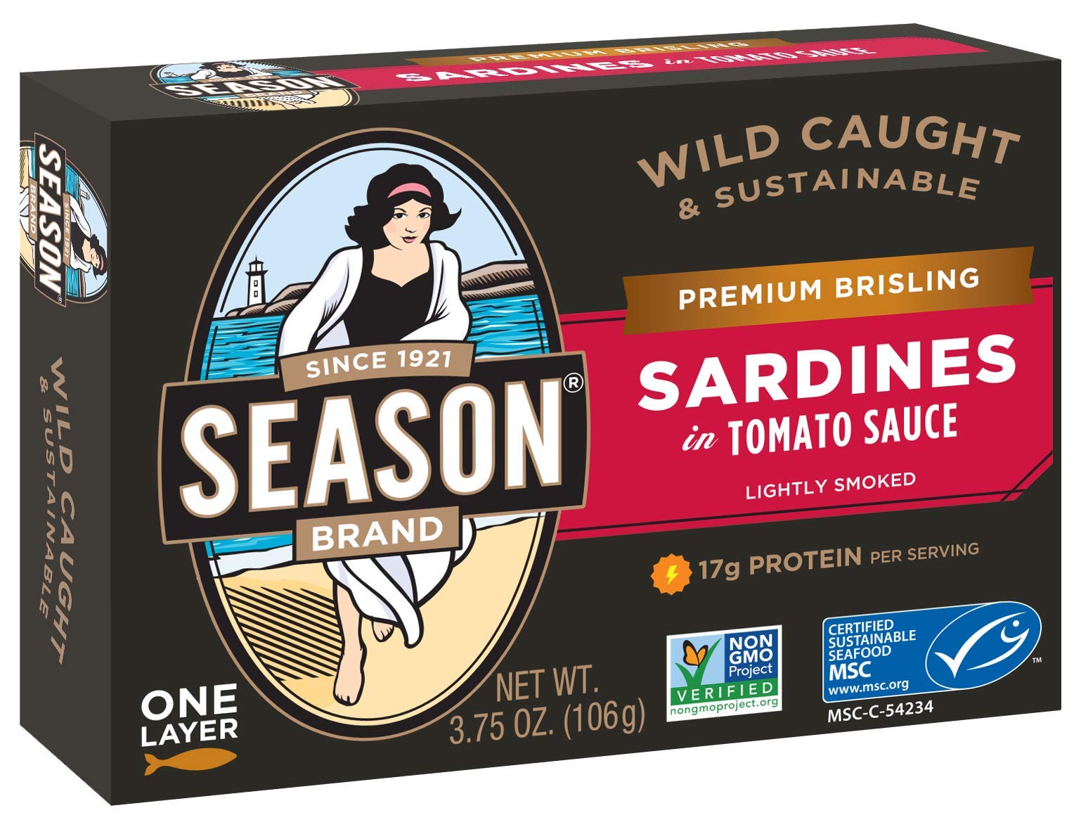 Season Brisling Sardines in Tomato Sauce - Wild Caught, 17g of Protein, Keto Snacks, More Omega 3's Than Tuna, Kosher, High in C