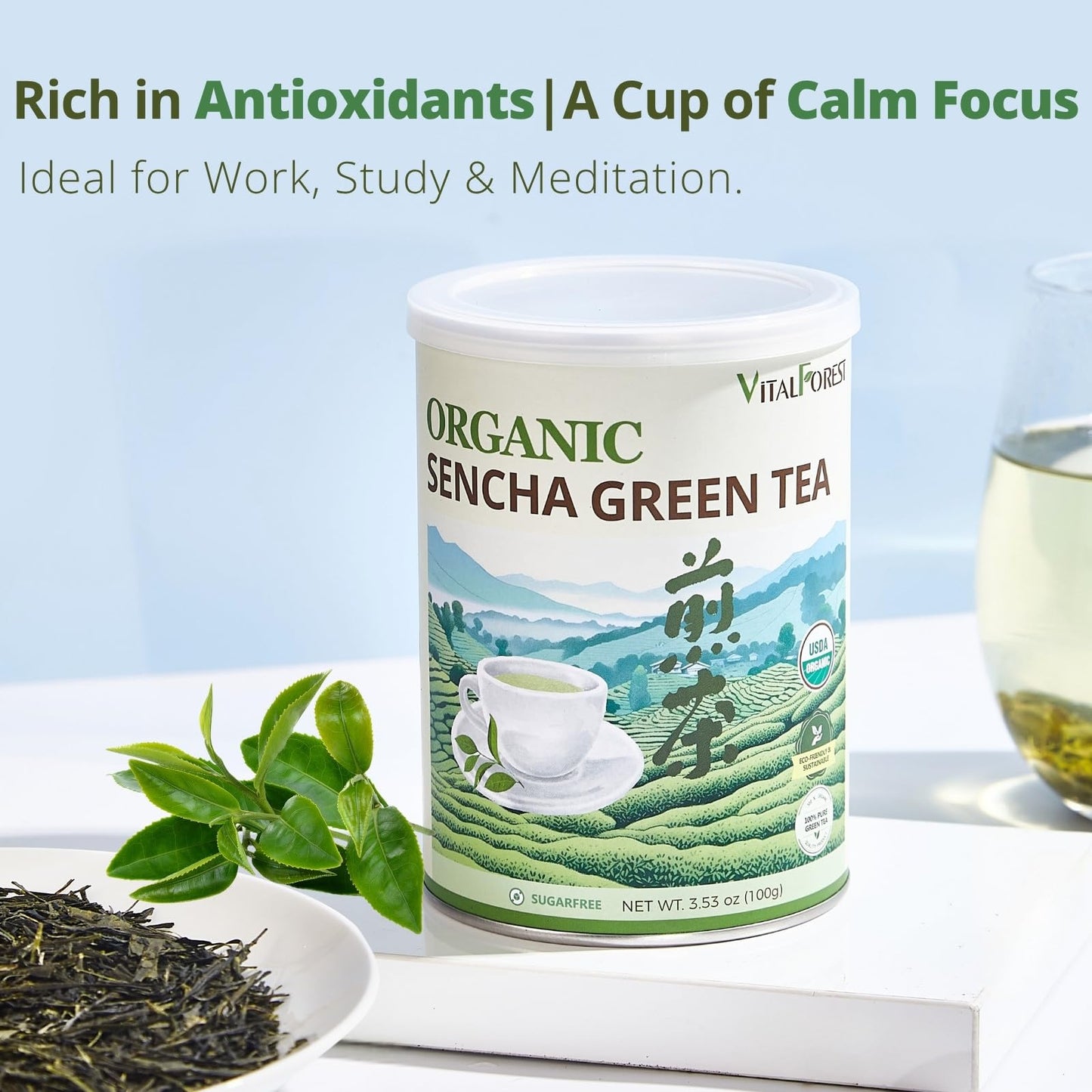 Organic Sencha Green Tea Loose Leaf - 3.53oz/100g  USDA Organic  Whole Leaf Green Tea  VitalForest enhanced Steam-Fixed Green Tea  Mild Umami Taste