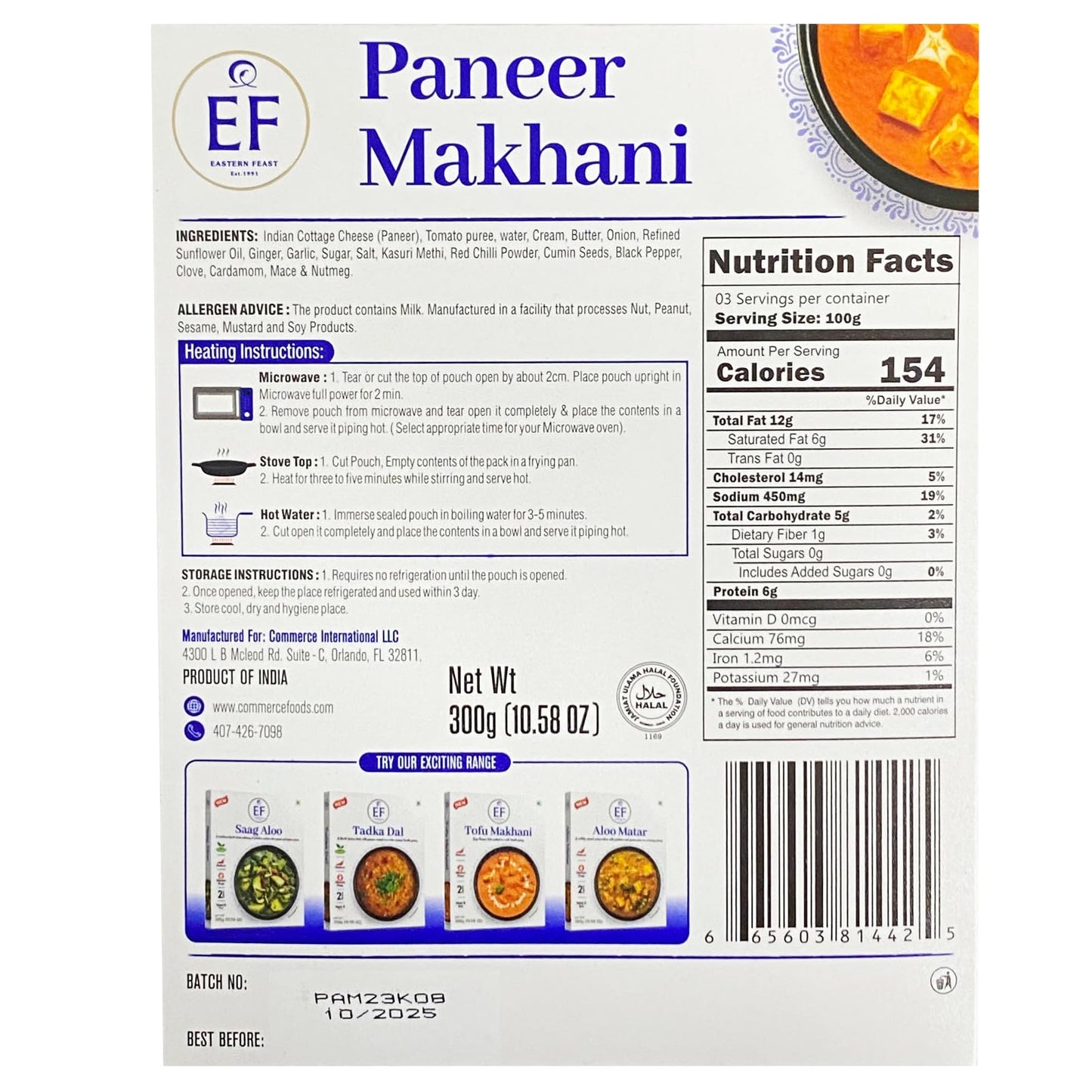 Eastern Feast - Ready To Eat Vegetarian Meals, 10.58 Oz (Pack Of 10, Paneer Makhani)