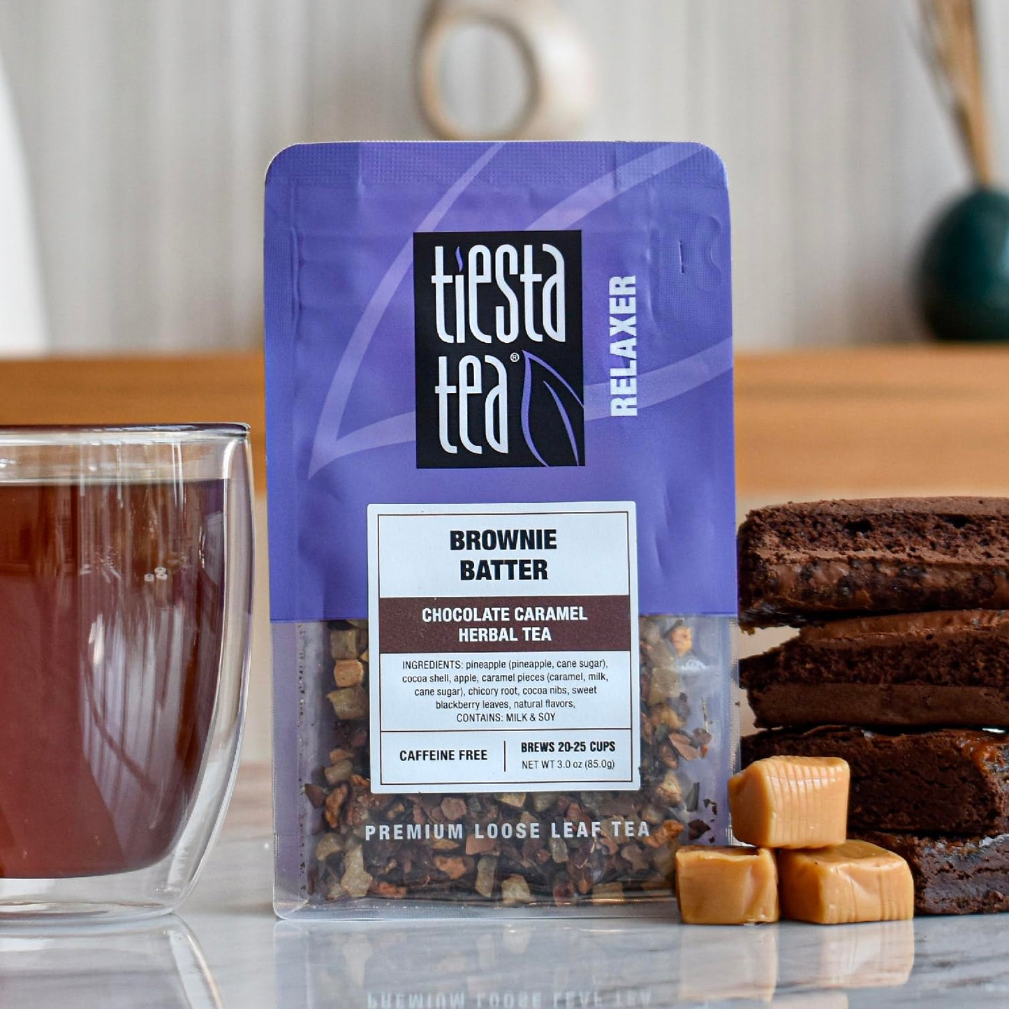Tiesta Tea Brownie Batter Herbal Tea - Chocolate Caramel Blend, Non-Caffeinated, 3oz Resealable Pouch, Brews Up to 25 Cups