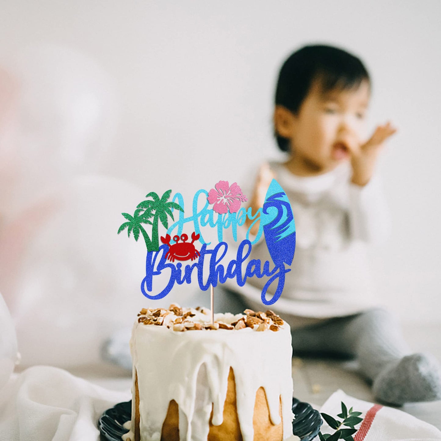 Rssta i Beach Birthday Cake Topper, Glitter Flower Crab Palm Leaf, Model XM095, Pattern 2, for Kids Luau Theme Party Decorations