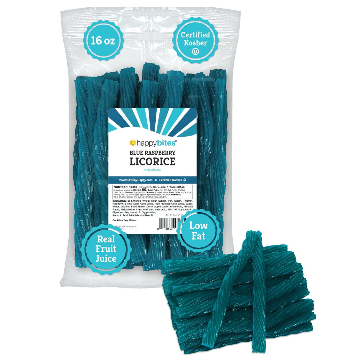 Happy Bites Blue Raspberry Licorice Twists (16 Oz) - Jumbo Size - Made With Real Fruit Juice - Certified Kosher - Vegan - Gourme