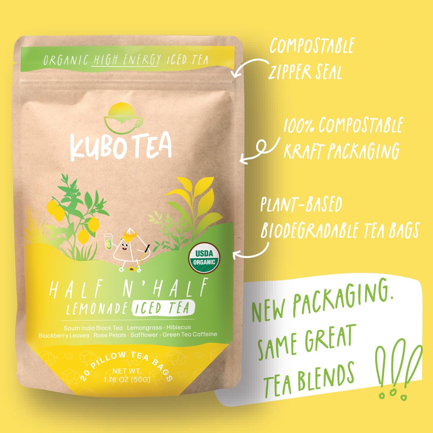 Kubo Tea High Caffeine Iced Tea Bags - Organic Half & Half Lemonade Black Tea, 20 Ct, 1.76 oz, Compostable Packaging