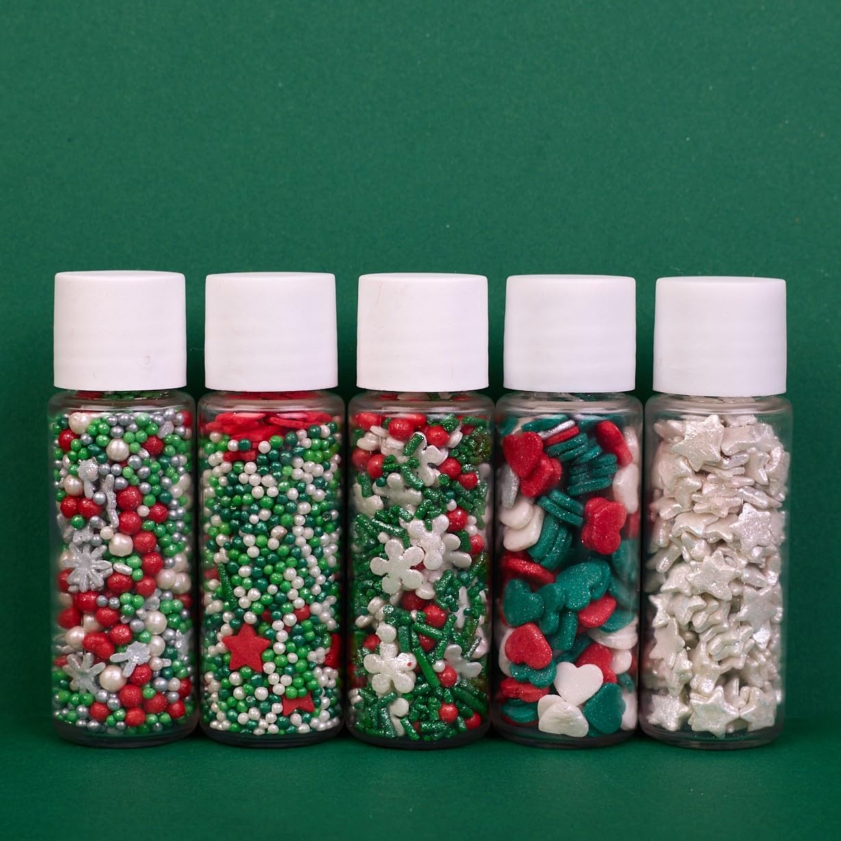 Confect Christmas Sprinkles | Sprinkles for Baking & Cake Decorative | Assorted pack of 5 Silver, Red, Green & White I Heart, st