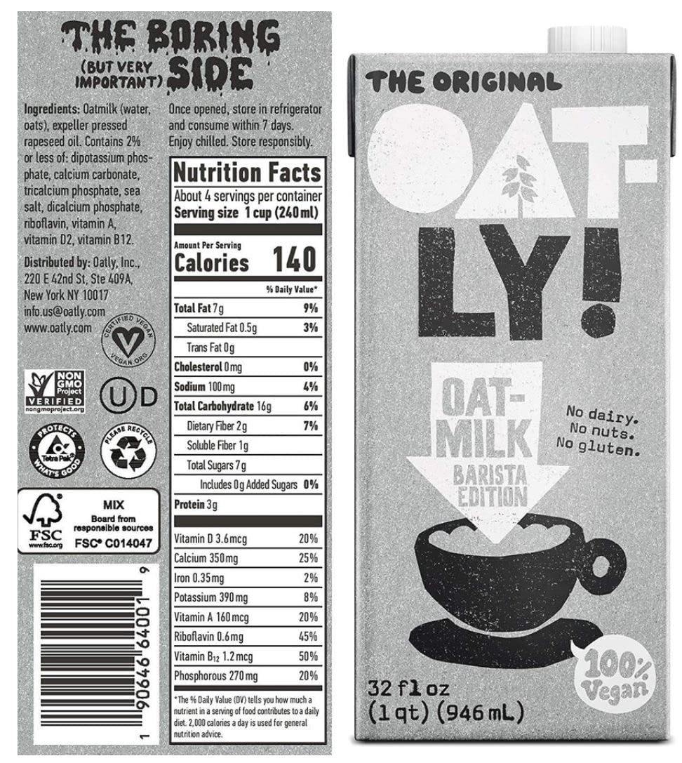 Oatly Original Barista Coffee, 4 Pack, 32 fl oz, Coffee   Edition, Packaging May Vary