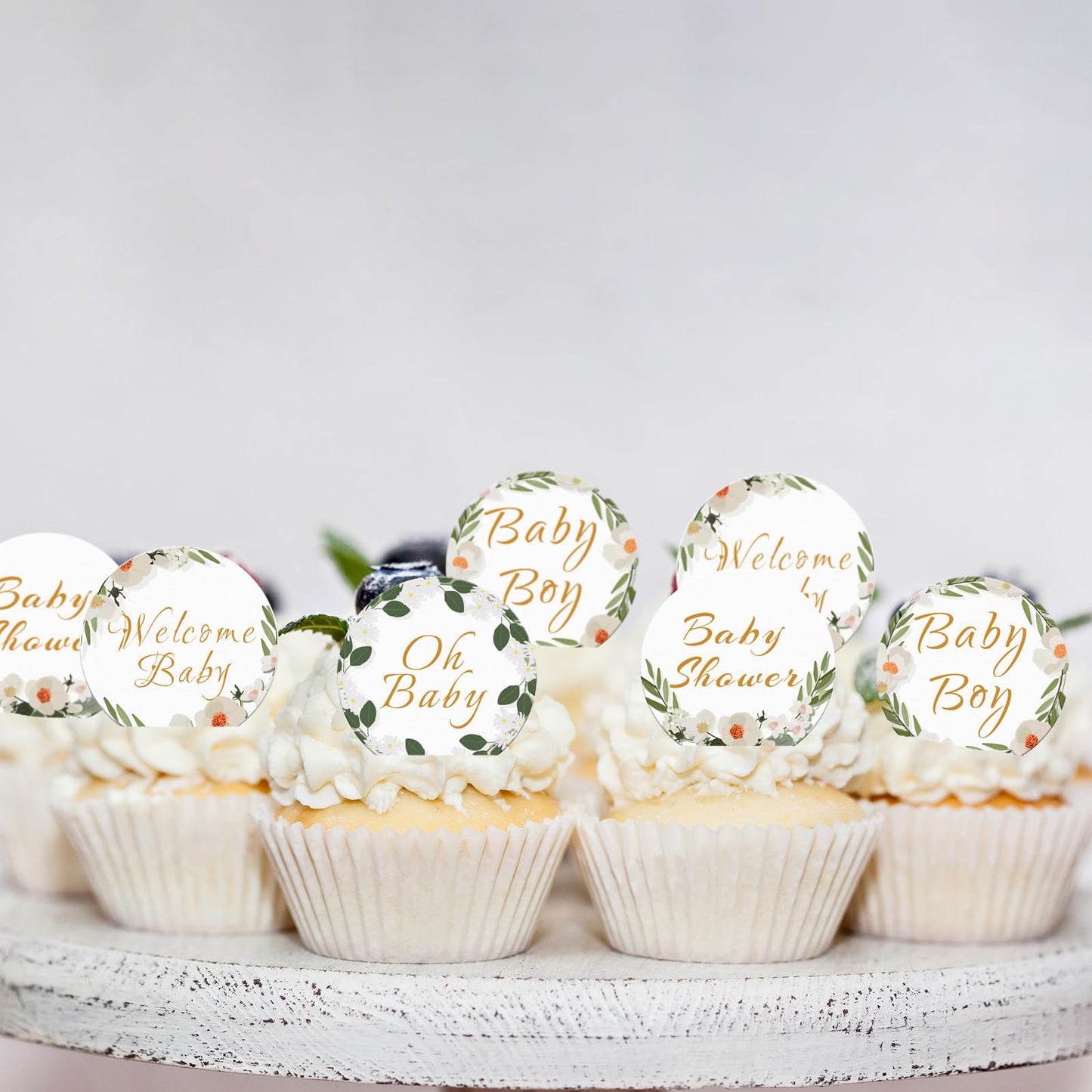 Fyeoxle 48 Pack Edible Baby Shower Cupcake Toppers Wafer Paper Jungle Leaves Oh Baby Wecome Baby Cupcake Picks Greenery Frames B
