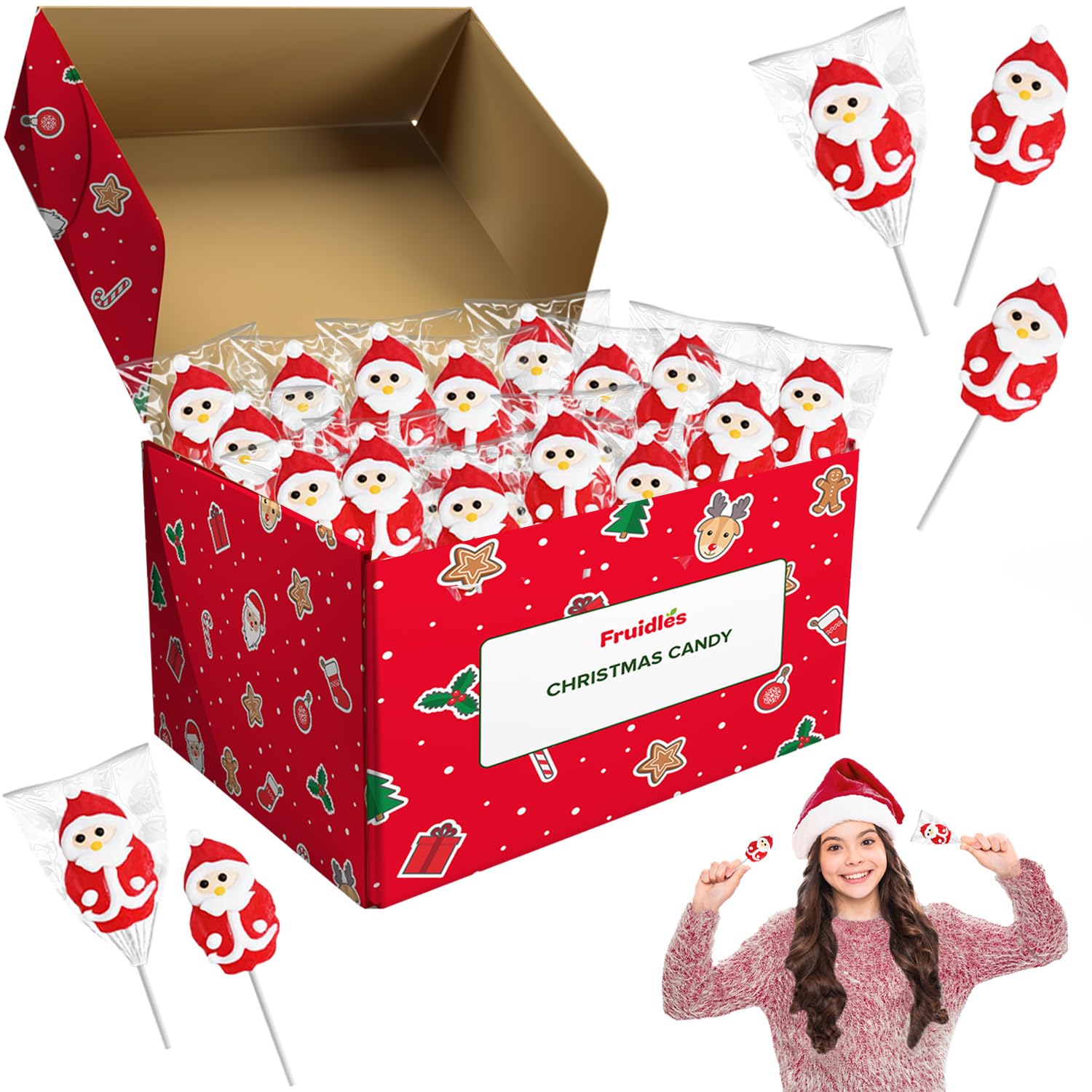 Fruidles Christmas Santa Lollipop, Santa Clause, Candy Canes Suckers, Mixed Fruit Flavor, Individually Wrapped Lollipops (12-Pac)