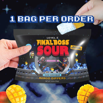 Final Boss Sour Candy, Fun Dip, Extreme Super Sour Blue Raspberry Powder With Real Candy-Tasting Dried Mangoes, (3.5 Ounces Bag)