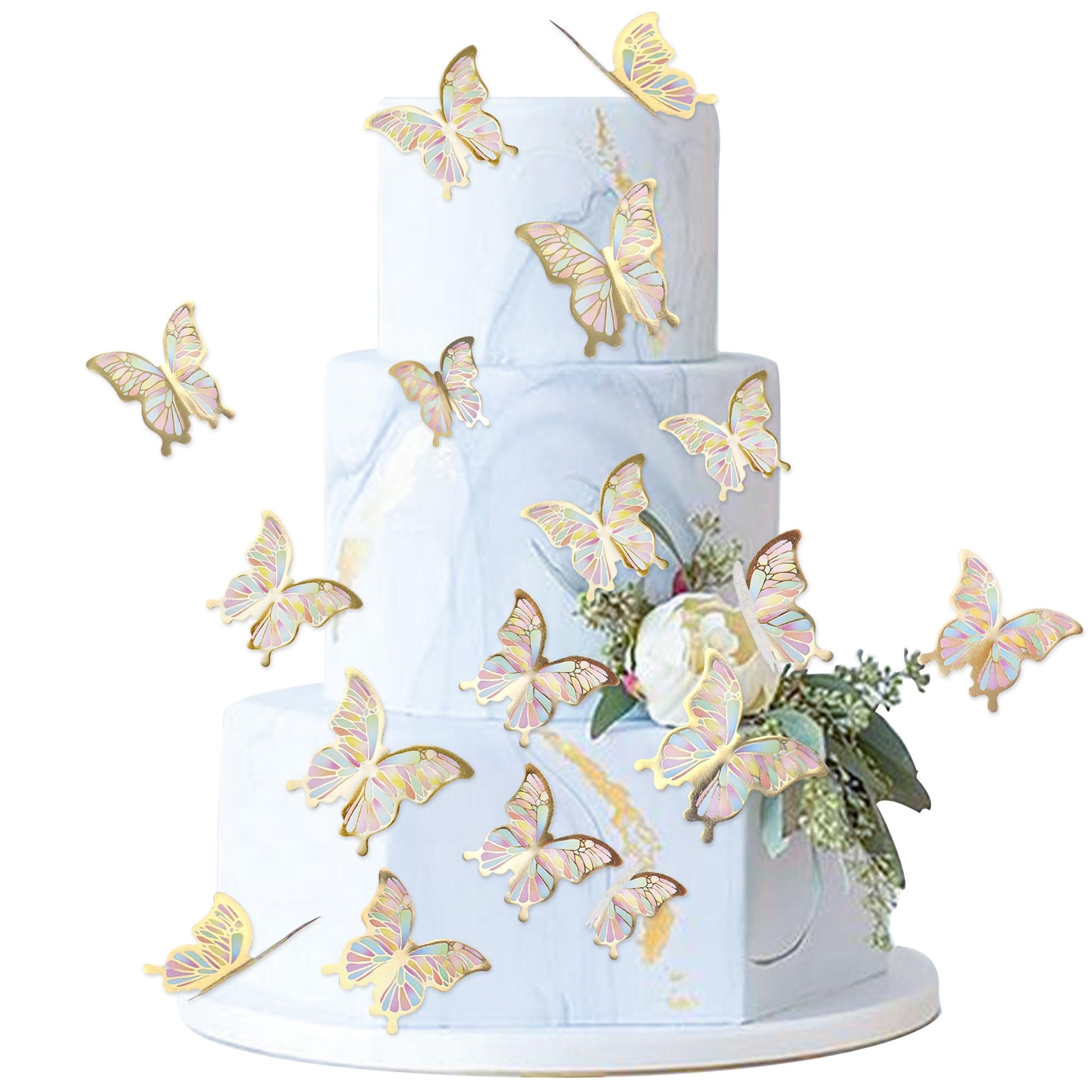 Cyodoos 30pcs Color Gold Edge Mixed Size Lively 3D Waterproof Butterfly Cupcake Topper for Girls Women's Happy Birthday Wedding 