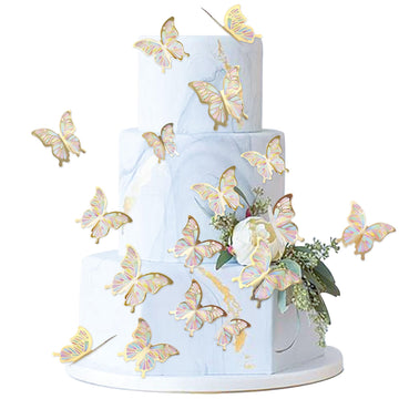 Cyodoos 30pcs Color Gold Edge Mixed Size Lively 3D Waterproof Butterfly Cupcake Topper for Girls Women's Happy Birthday Wedding 
