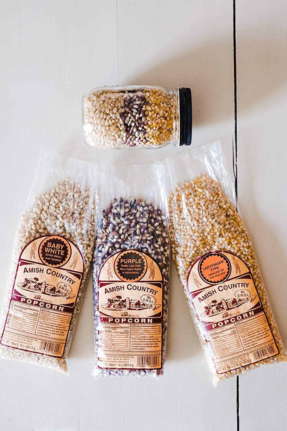 Amish Country Popcorn | 3-1 lb Bags | 1 lb Baby White, 1 lb Ladyfinger, and 1 lb Purple Popcorn Kernels Variety Pack | Old Fashi