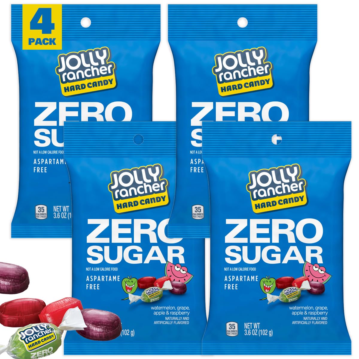 Zero Sugar Jolly Ranchers Hard Candy, 3.6 Ounce Bag (Pack of 4), Sugar Free Candy, Individually Wrapped Hard Candy, The Hampton 
