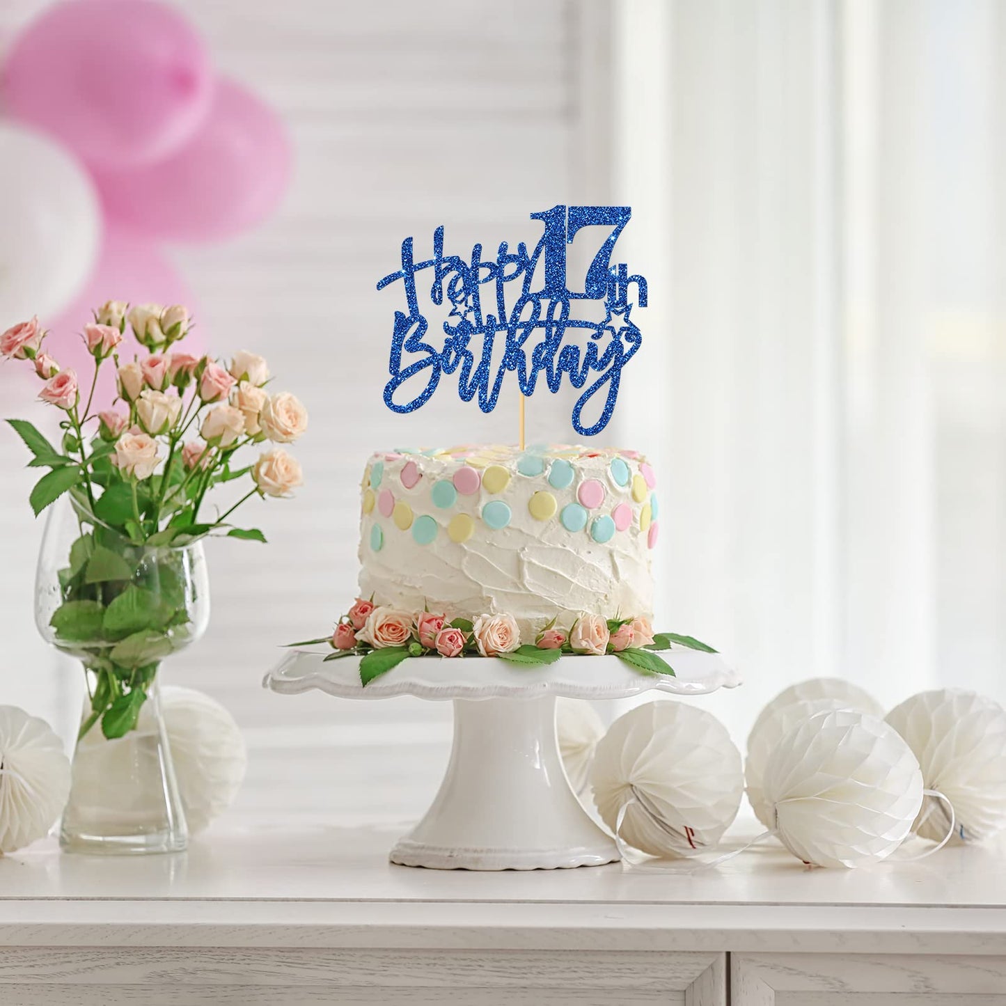 Roadsea Happy 17Th Birthday Cake Topper - Girl Boy 17 Years Old Birthday Cake Supplies - 17Th Birthday Party Decorations - Blue