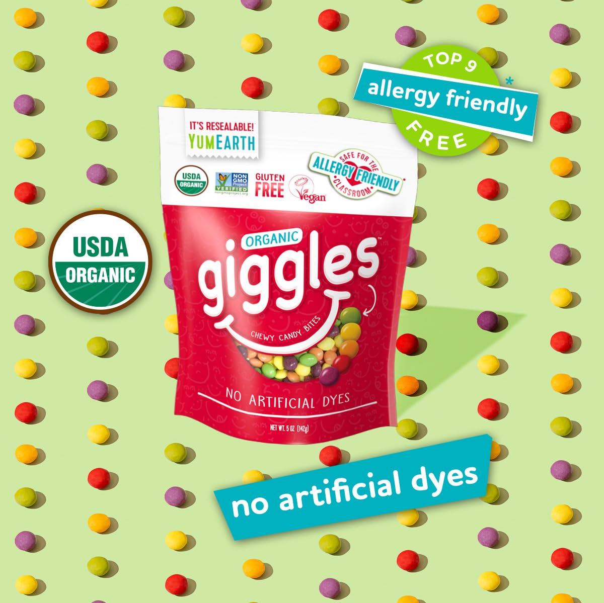 YumEarth Organic Giggles Chewy Candy - Allergy Friendly, No Artificial Dyes, Non GMO, Gluten Free, Fruit Flavored, Vegan Candy S