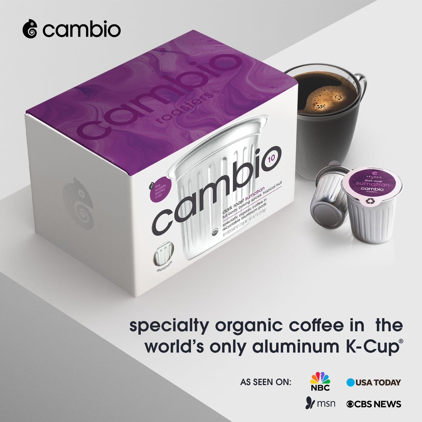 Cambio Roasters Sumatran Keurig Organic Coffee K Cups, Only Aluminum Keurig Coffee Pods With Organic Beans, More Flavor & Longer Lasting Freshness, Sumatran Dark Roast K Cups, 10 Count