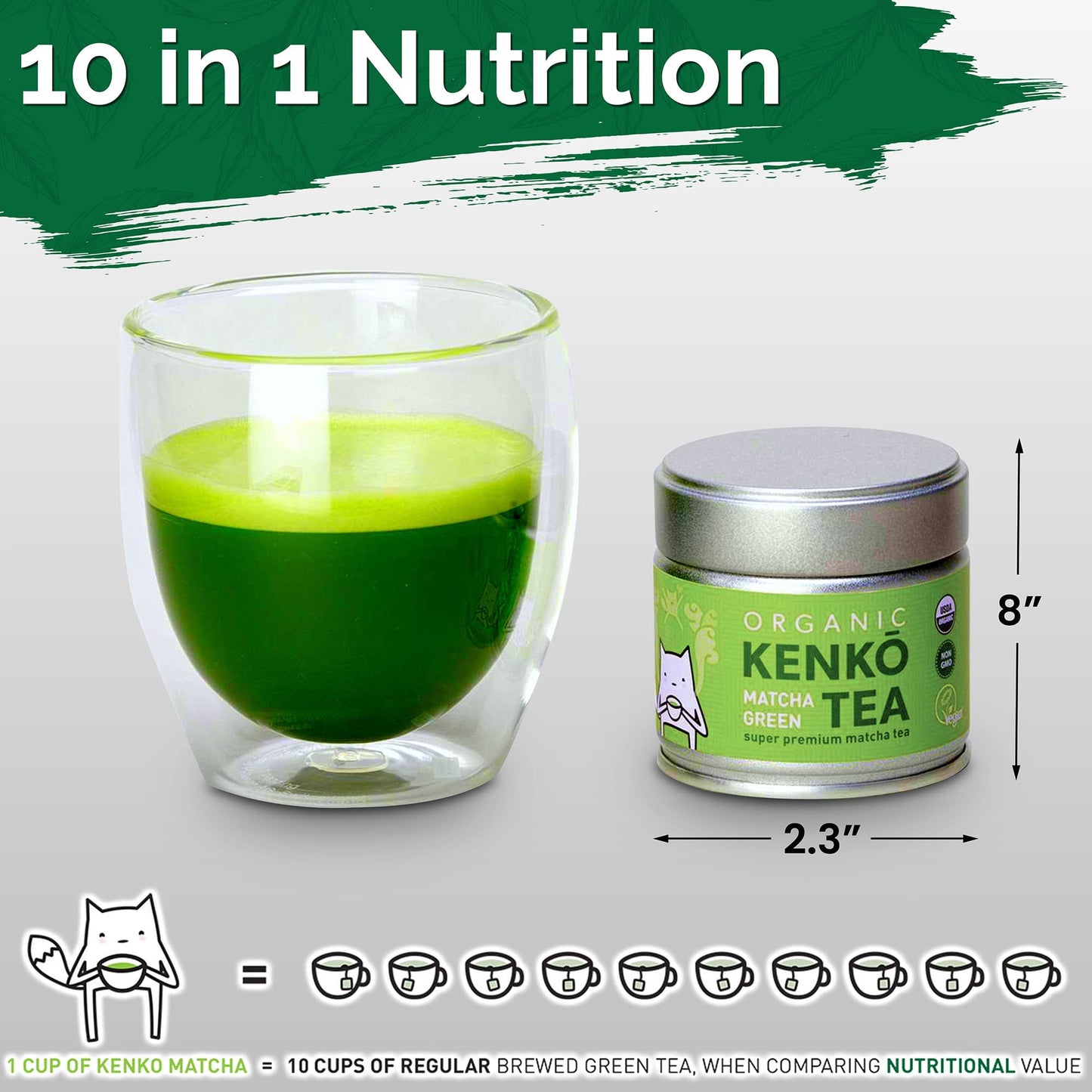 Kenko Tea Matcha Green Powder - USDA Organic, Ceremonial Grade, 1 oz (30 servings), Green