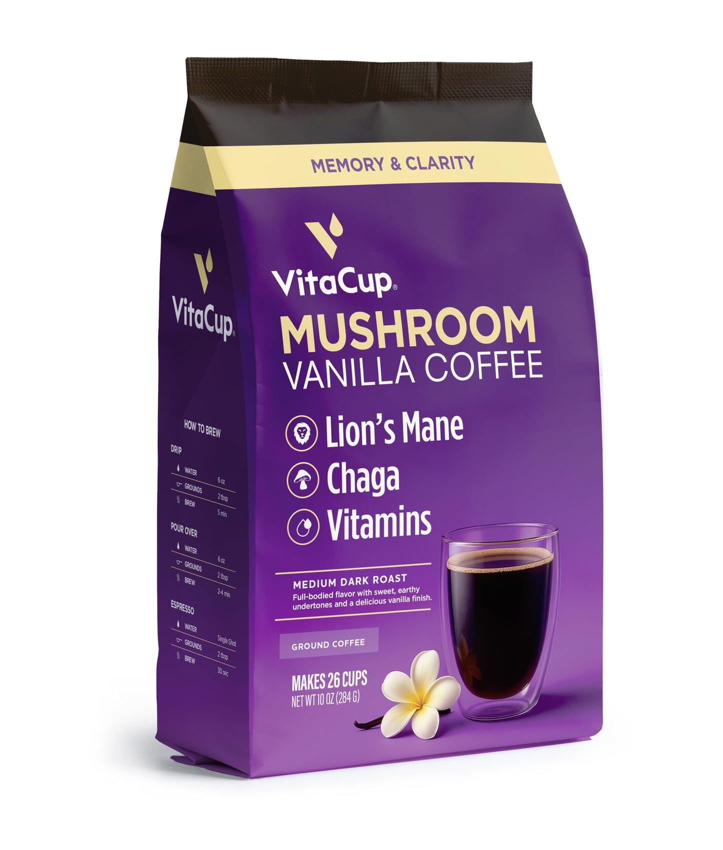 VitaCup Focus Mushroom Coffee Grounds, Vanilla Flavored Coffee with Lions Mane, Chaga, B Vitamins, D3, Boost Focus, Immunity, Me