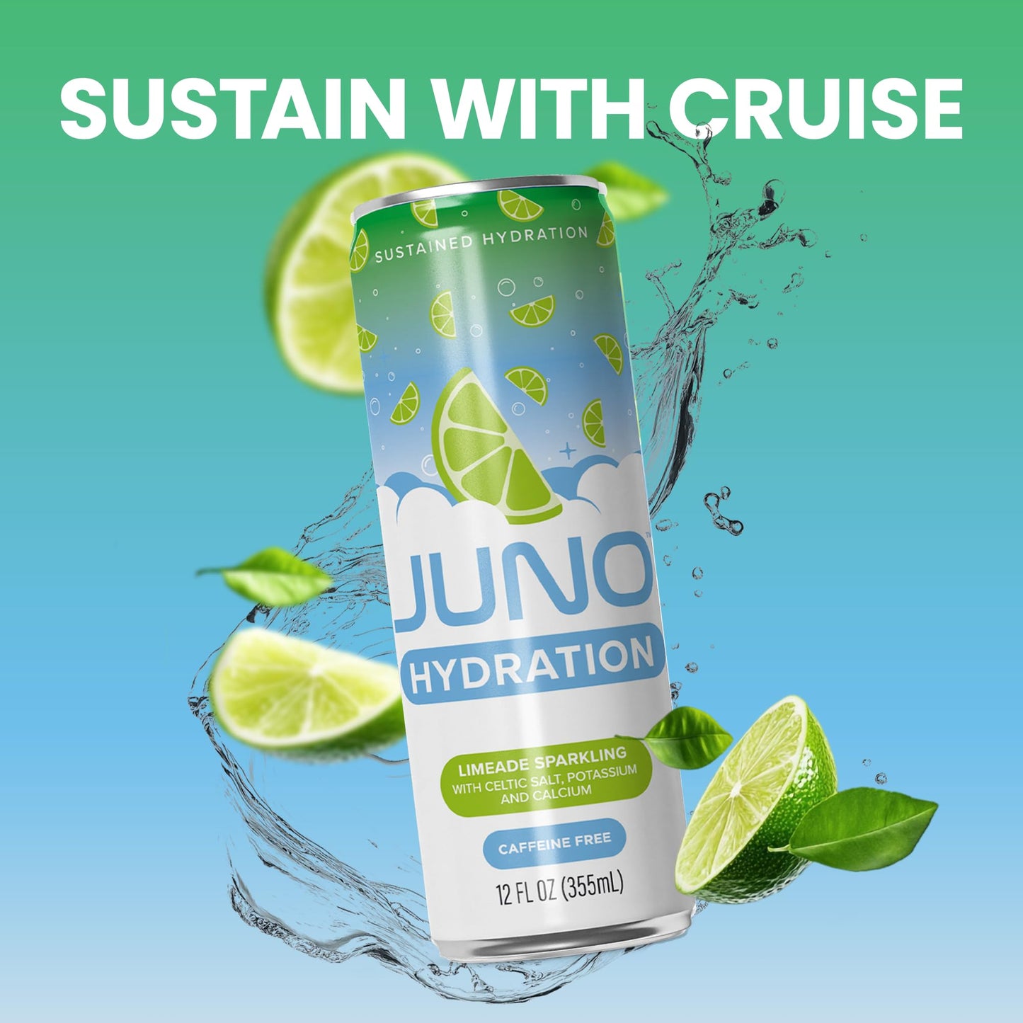 JUNO Hydration Drink Limeade Sparkling - Sugar Free Electrolytes, Organic Ingredients - 12 Pack