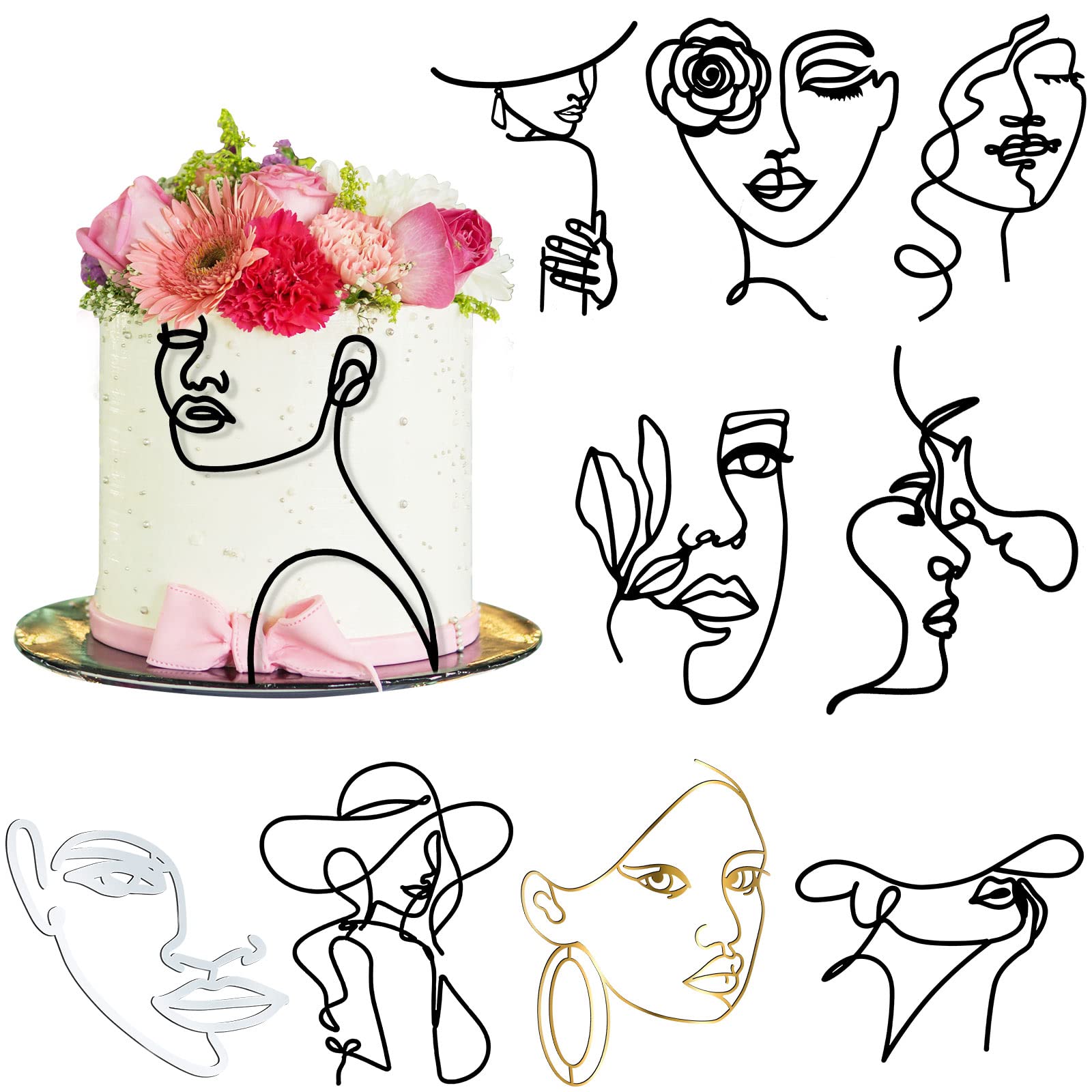 Marsui 10 Pcs Boho Lady Face Cake Topper Acrylic Minimalist Lady Cake Toppers Happy Birthday Cake Decoration For Women Wedding B