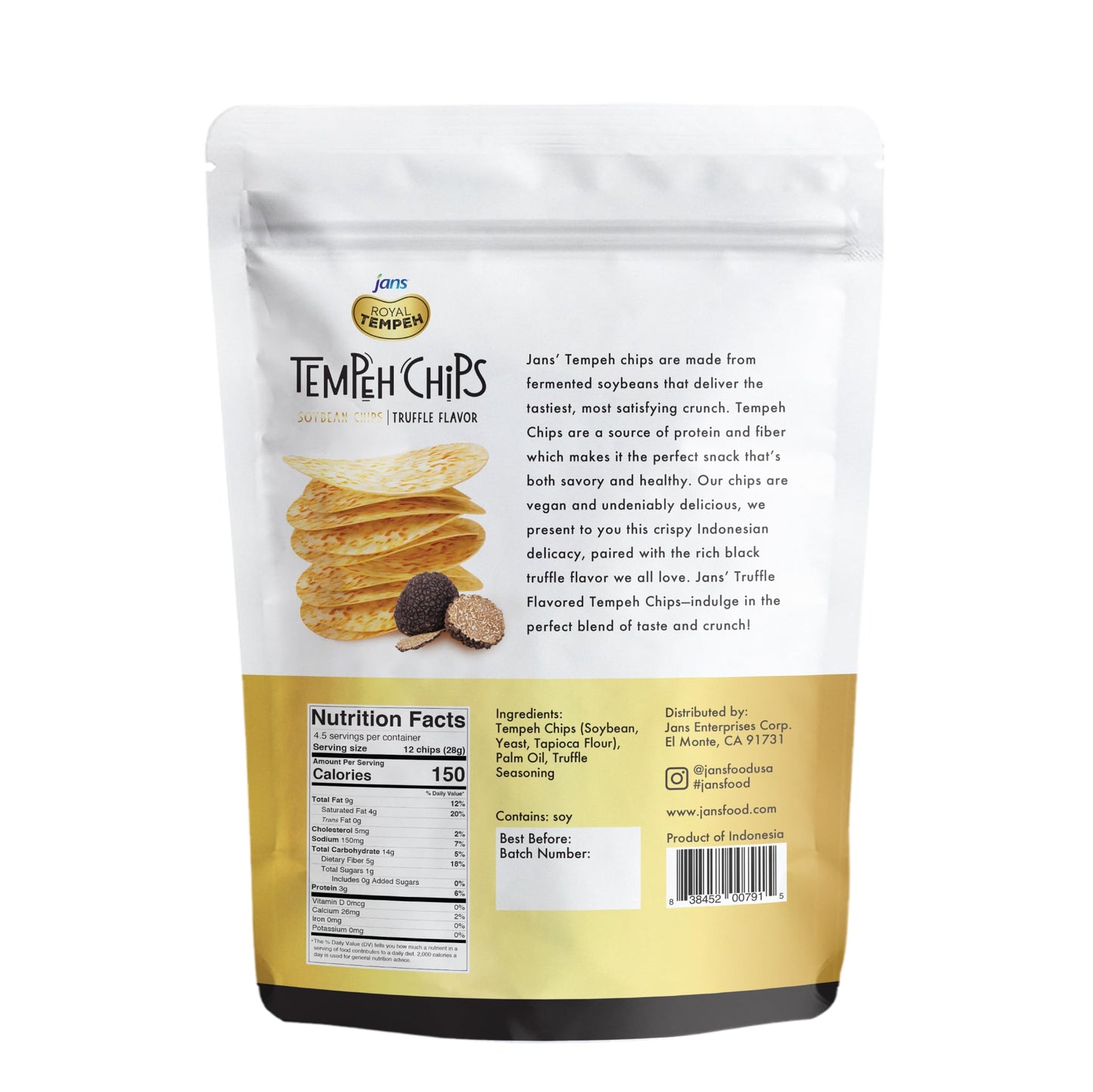 Jans Tempeh Truffle Chips, Vegan Snack, 3g Protein, 5g Fiber, 4.4 oz, Pack of 8