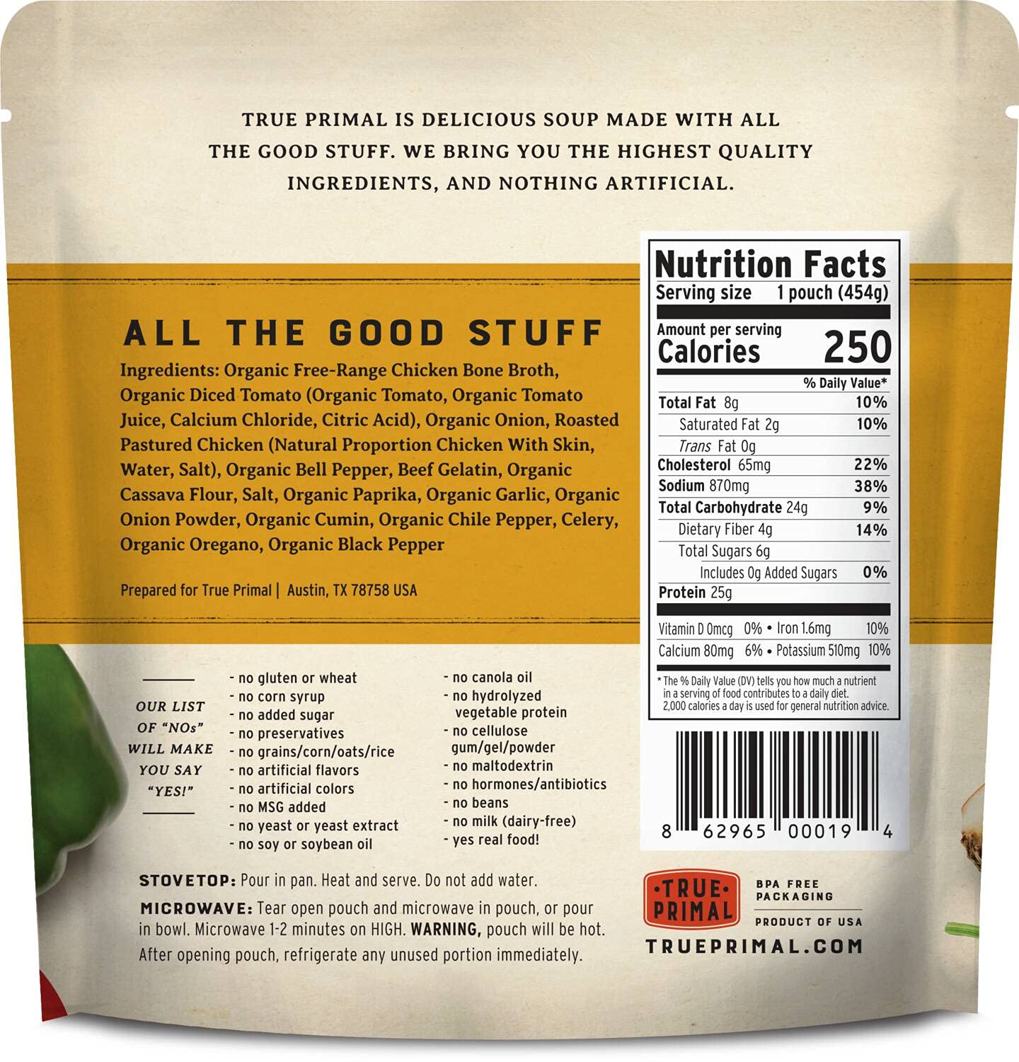 True Primal Southwest-Style Chicken Soup 8-Pack, Ready To Eat, Bone Broth, Gluten Free, Paleo, Pastured Chicken, Whole30