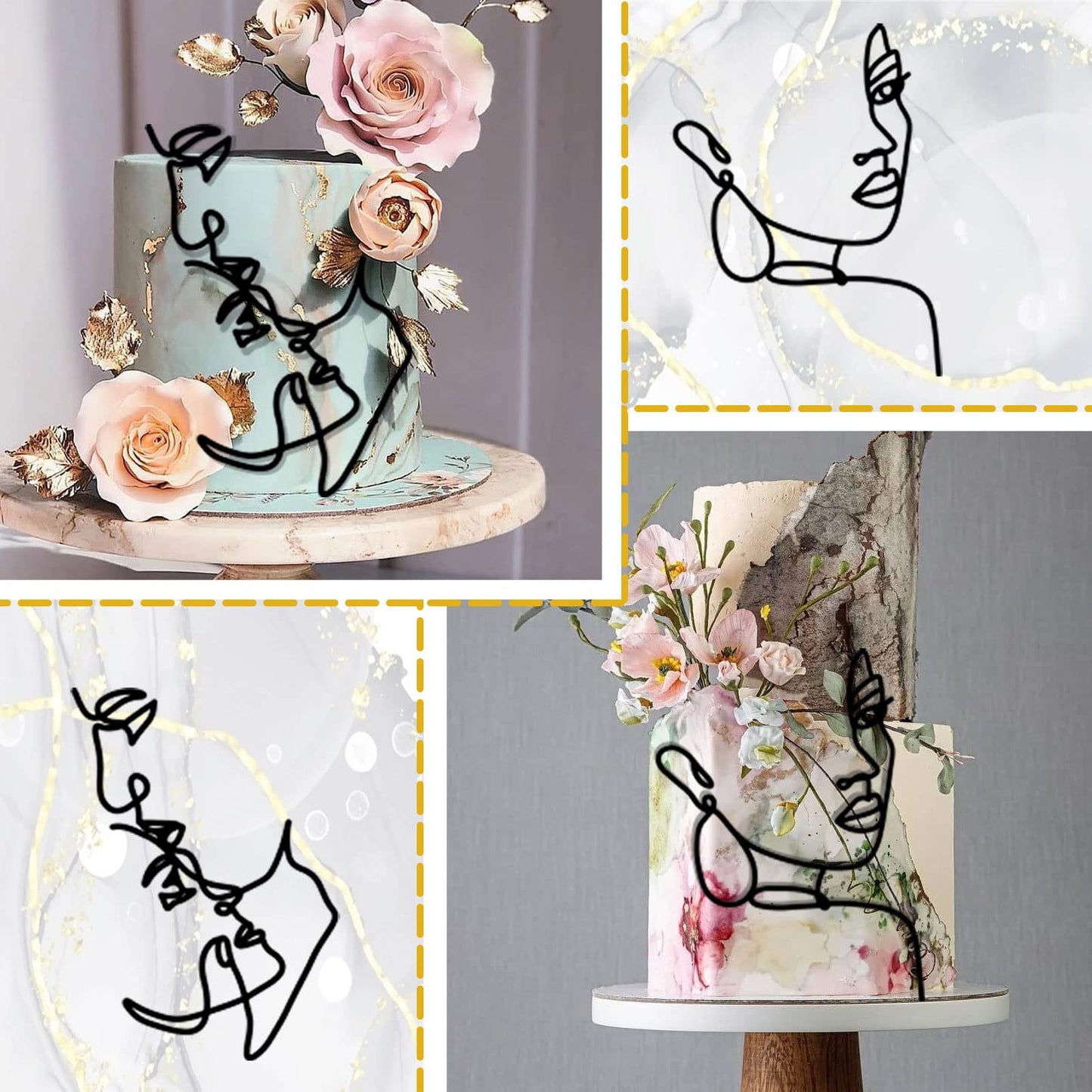 HSDSH Acrylic Cake Topper - 12 Pcs Lady Face Design for Wedding & Birthday Parties - Black, Model HSD-Facecake-12