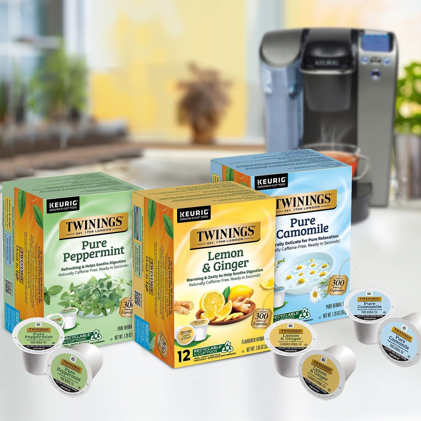 Twinings Herbal Tea K-Cup Pods for Keurig  Variety 3-Pack - Pure Peppermint  Pure Camomile + Lemon & Ginger Tea K-Cups  Naturally Caffeine-Free  12 Count Each