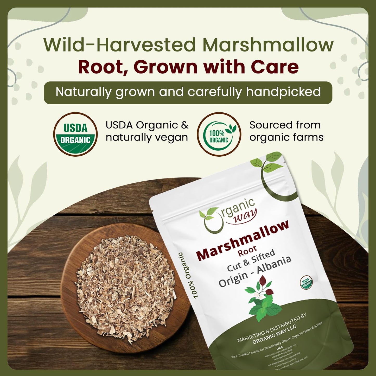 Organic Way Marshmallow Root Herbal Tea - Cut & Sifted, Organic & Kosher Certified, Non-GMO, 1/2 lbs (8 oz), Origin: Albania