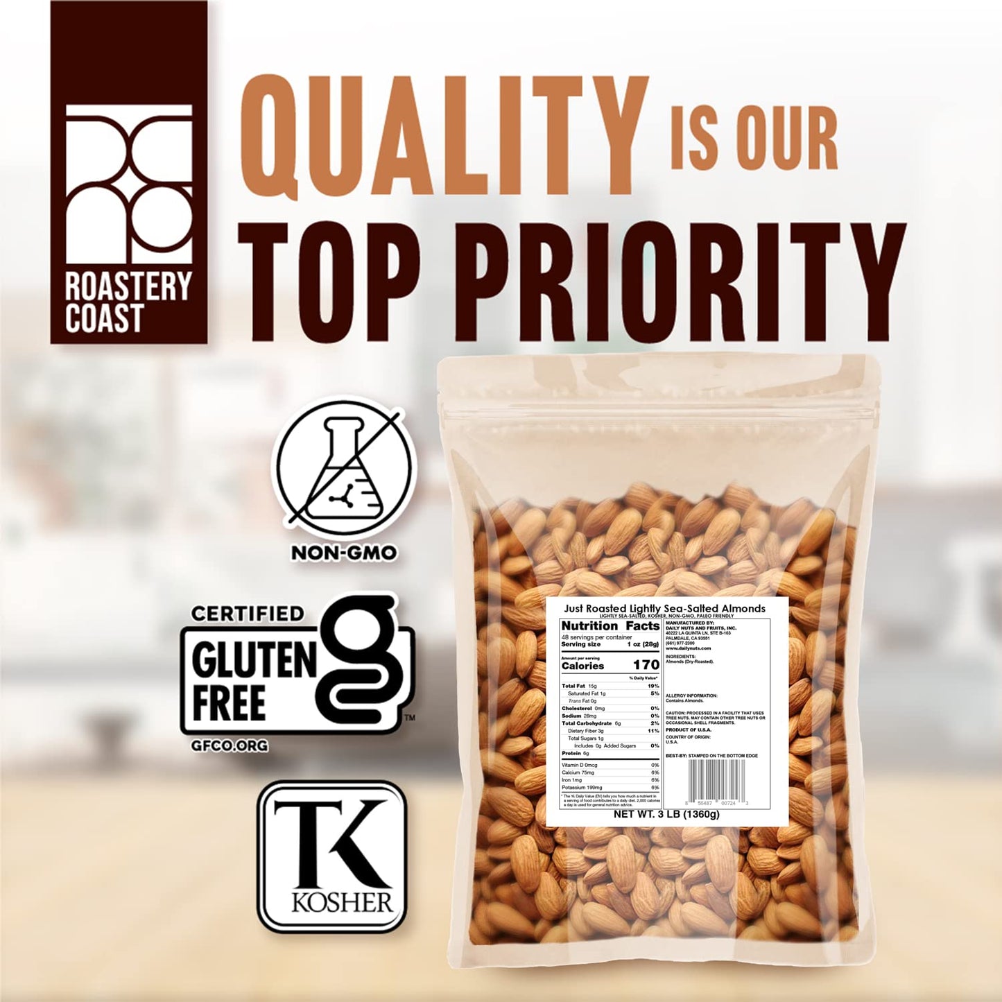 Roastery Coast Just Roasted Almonds, 3 LB Bulk, Keto Snack, Lightly Salted, Gluten Free, Non-GMO, Low Sodium
