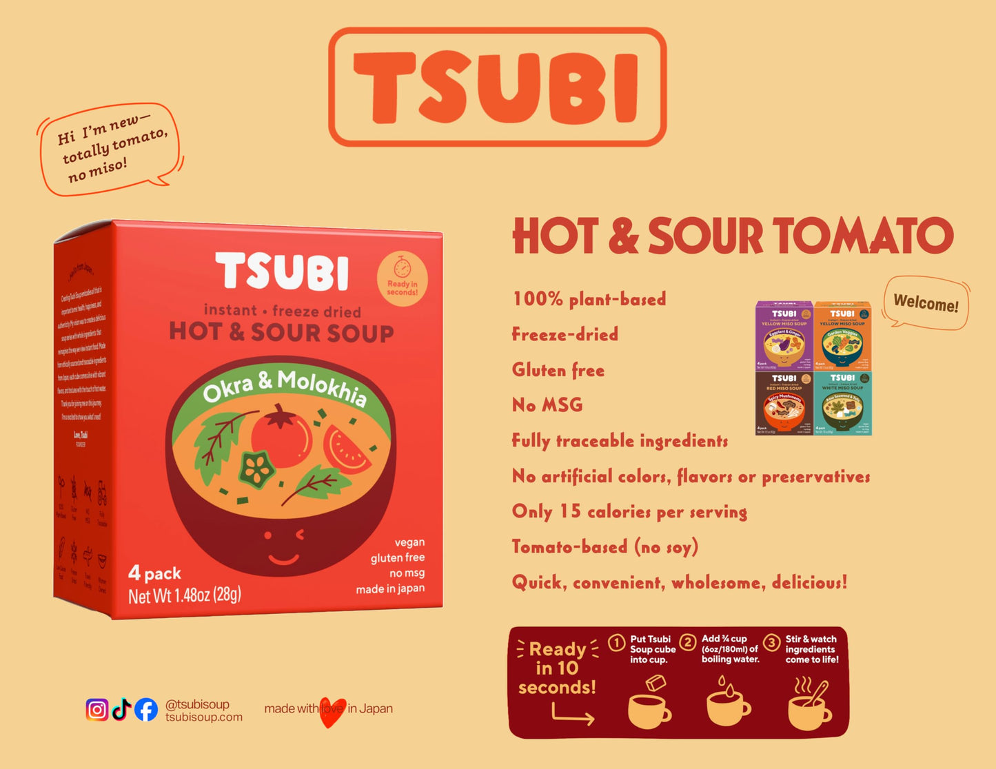 Tsubi Soup Freeze-Dried Hot & Sour Tomato Soup Packets, Vegan, Gluten-Free, 12 Packs