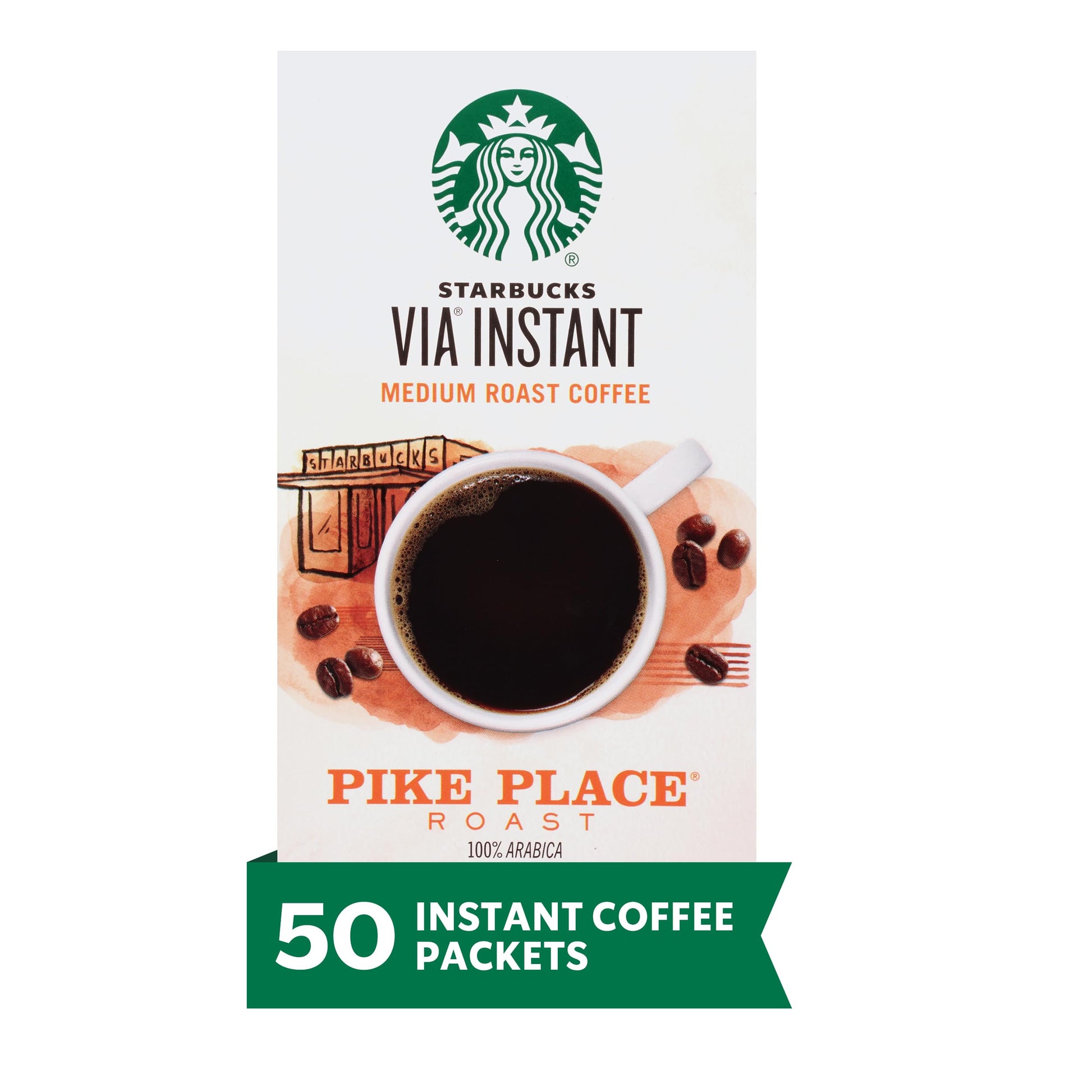 Starbucks VIA Instant Coffee, Medium Roast, Pike Place, 50 Packets, Single-Serve, 100% Arabica