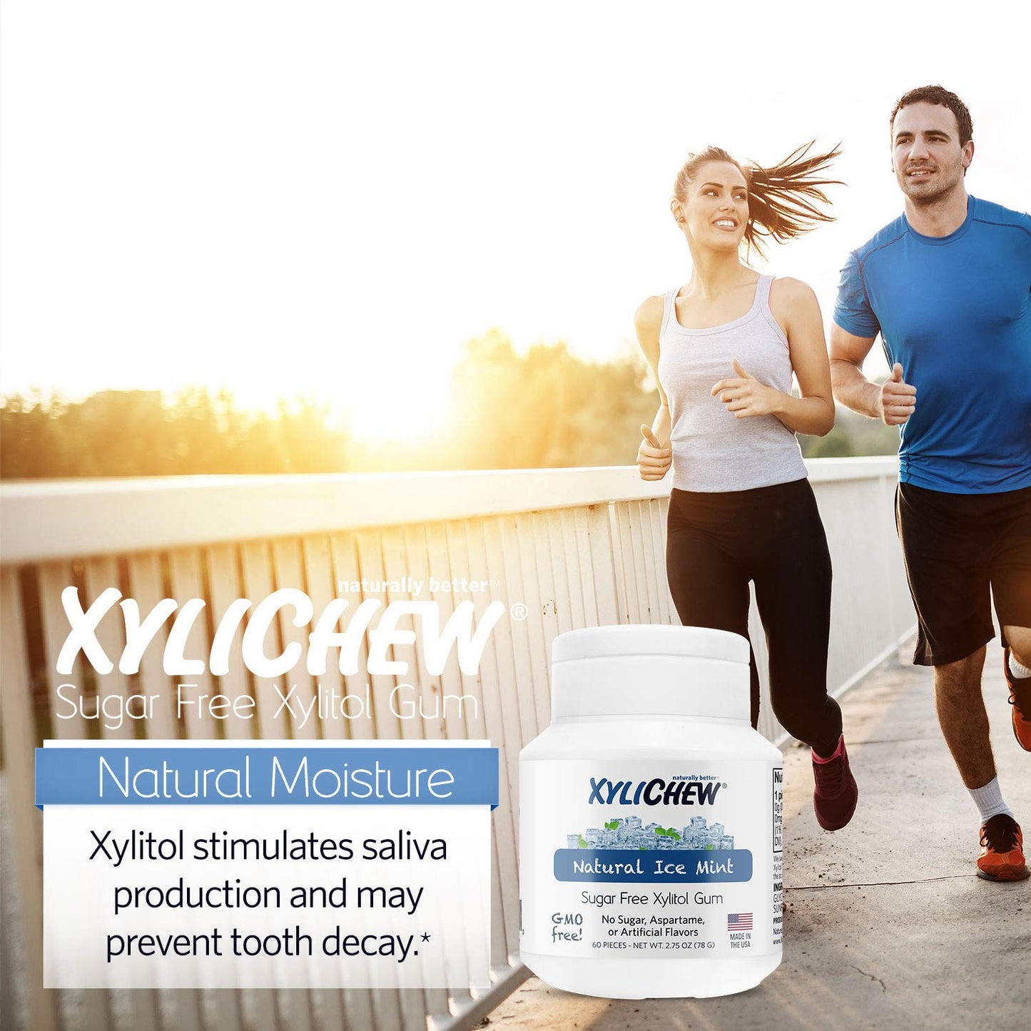 Xylichew Xylitol Chewing Gum - Sugar Free, Non-GMO, Ice Mint, 60 Count