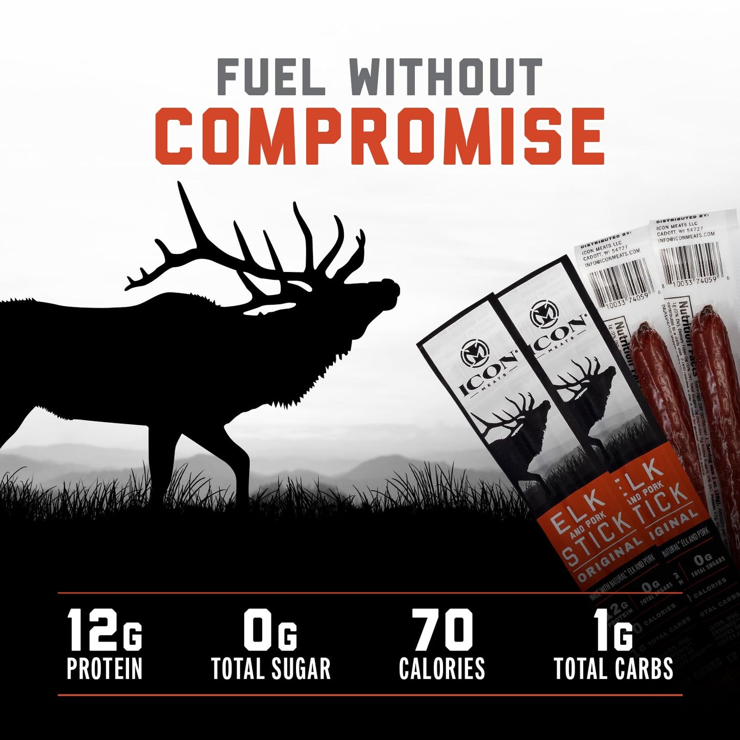 ICON Elk and Pork Snack Sticks - Original Flavor - 24 Pack - High Protein, Low Calorie, Sugar Free, USDA Approved