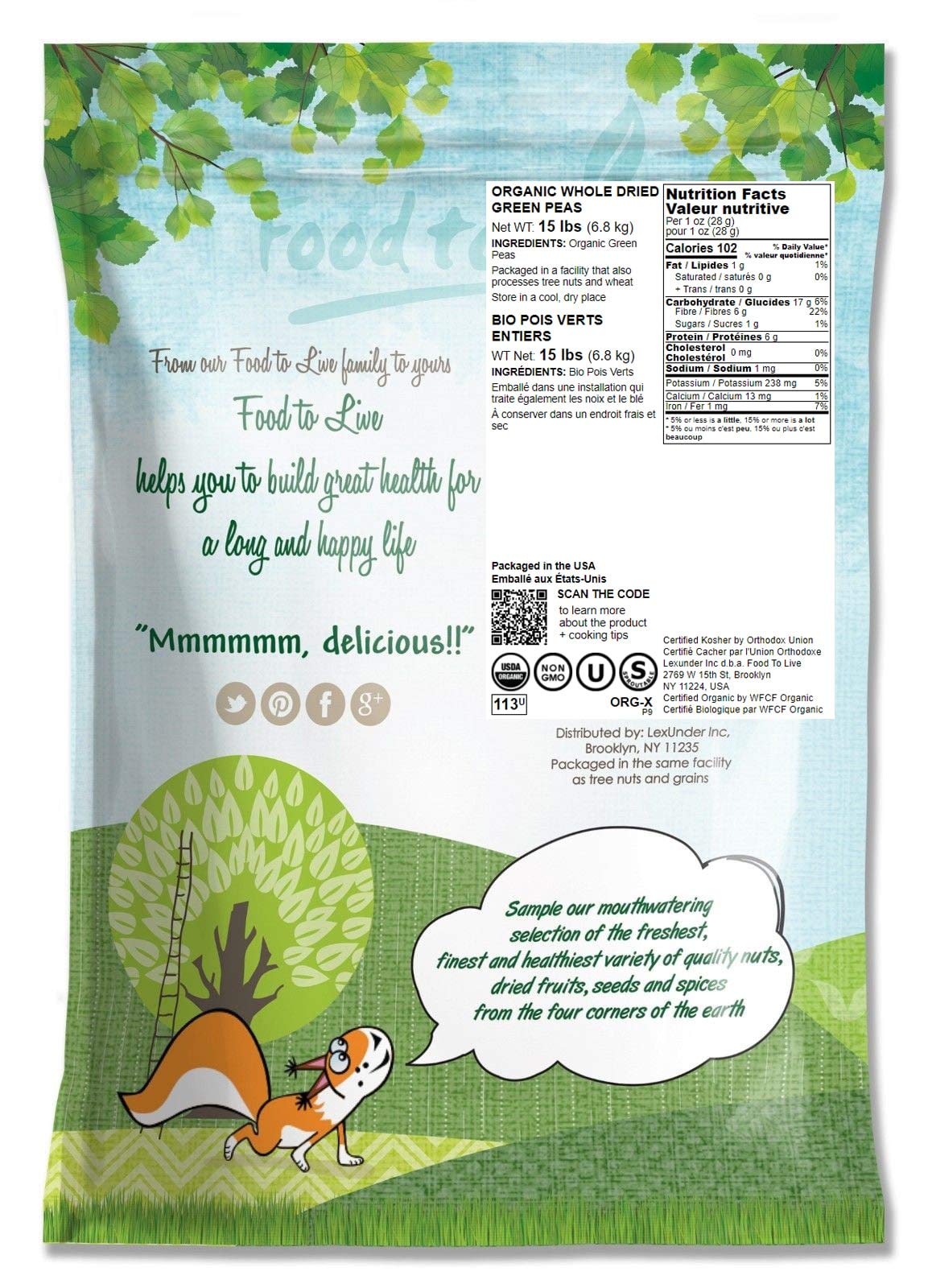 Food To Live Organic Green Peas, 15 Pounds Sproutable, Non-Gmo, Kosher, Dried