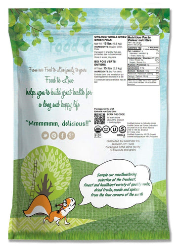 Food To Live Organic Green Peas, 15 Pounds Sproutable, Non-Gmo, Kosher, Dried