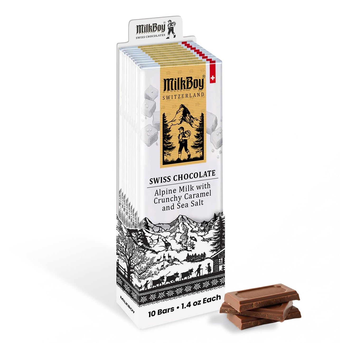 Milkboy Swiss Chocolates Milk Chocolates - Top-High Standardlpine Milk Chocolate Bars With Crunchy Caramel & Sea Salt - Made In Switzerland - Gmo Free - Each 1.4 Oz - 10 Pack