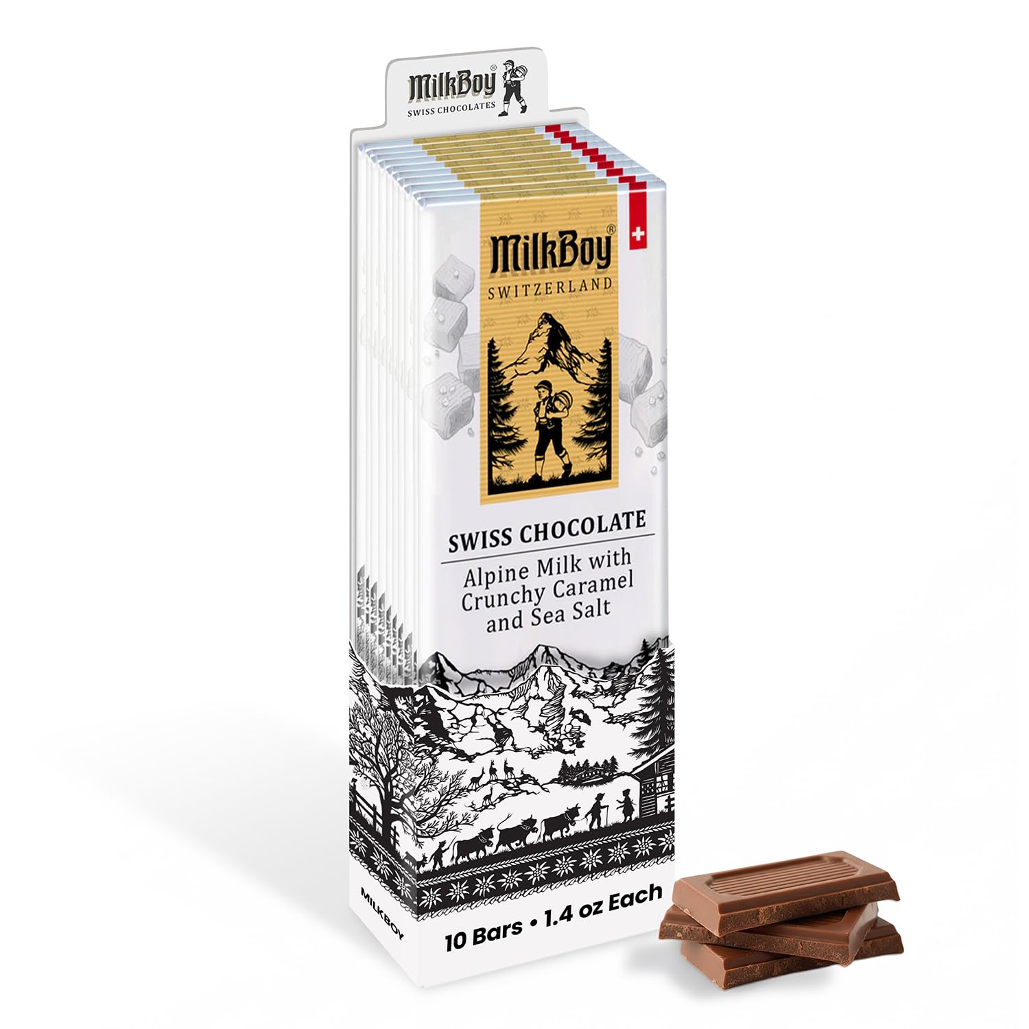 Milkboy Swiss Chocolates Milk Chocolates - Top-High Standardlpine Milk Chocolate Bars With Crunchy Caramel & Sea Salt - Made In Switzerland - Gmo Free - Each 1.4 Oz - 10 Pack