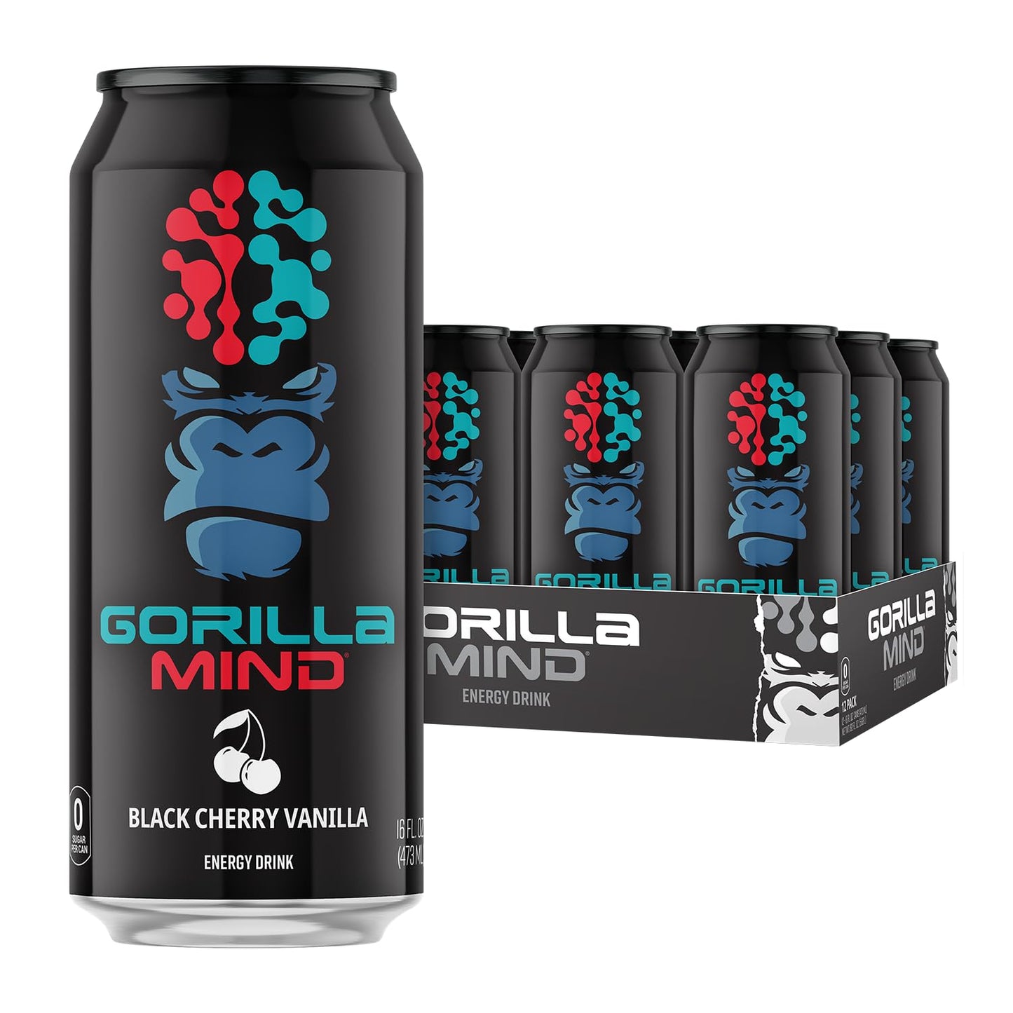 Gorilla Mind Energy Drink | Unmatched Energy  Amplified Focus | N-Acetyl-L-Tyrosine  Alpha-GPC  200mg Caffeine  Uridine  Saffron | 0 Sugar Or Artificial Colors | 16oz  12-Pack (Black Cherry Vanilla)