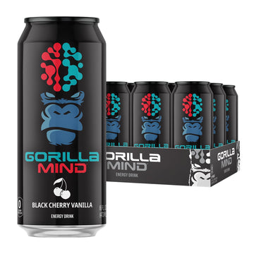 Gorilla Mind Energy Drink | Unmatched Energy  Amplified Focus | N-Acetyl-L-Tyrosine  Alpha-GPC  200mg Caffeine  Uridine  Saffron | 0 Sugar Or Artificial Colors | 16oz  12-Pack (Black Cherry Vanilla)