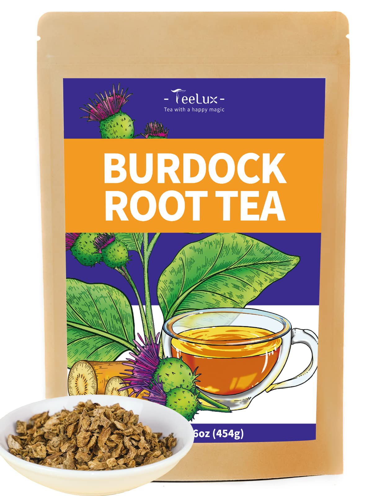 TeeLux Burdock Root Tea, Cut & Sifted, Caffeine Free, 16oz Loose Leaf Herbal Tea