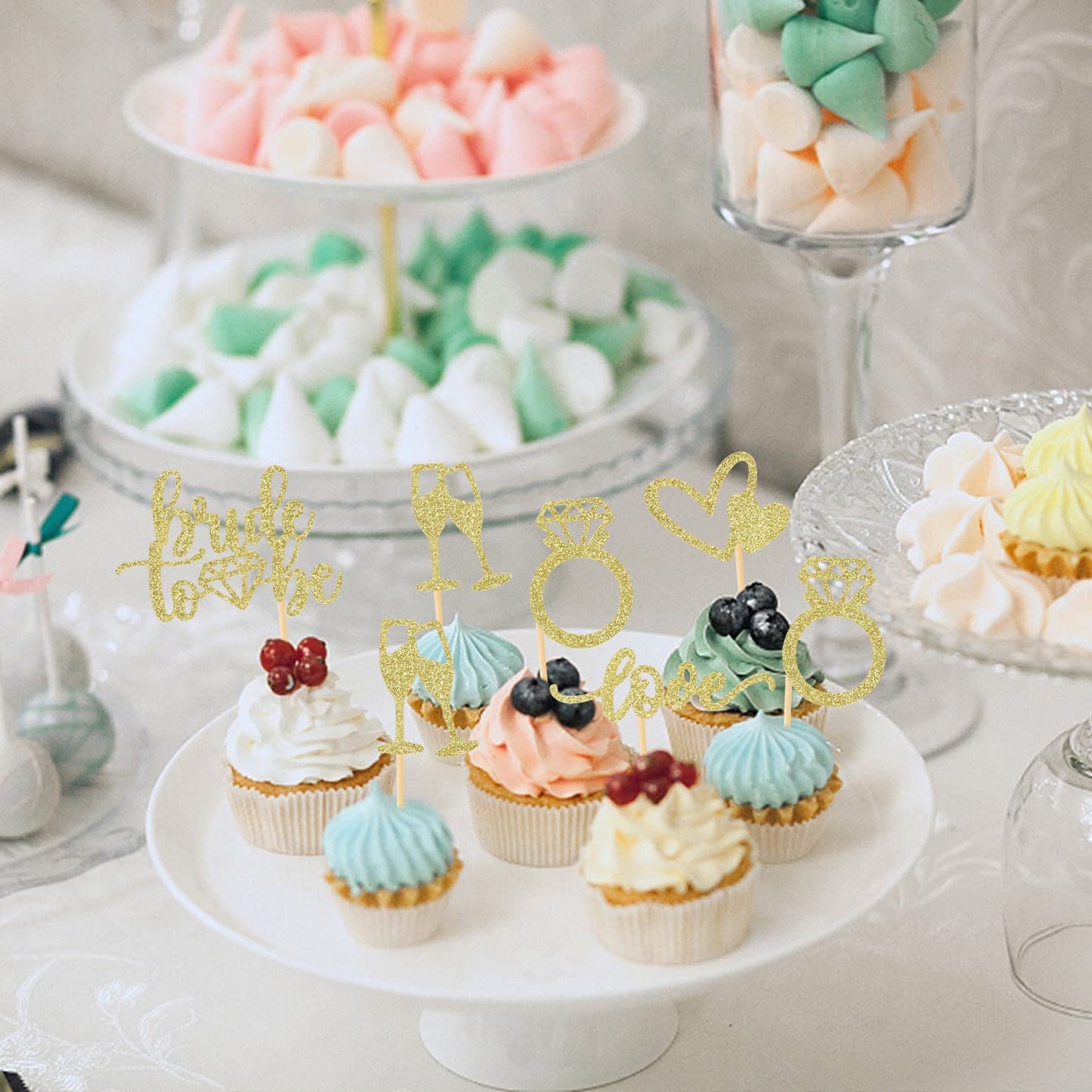 Hengmerry 35 PCS Glitter Diamond Ring Cupcake Toppers, 2.5x3.5, Bamboo, Gold for Bridal Shower Wedding Engagement Party