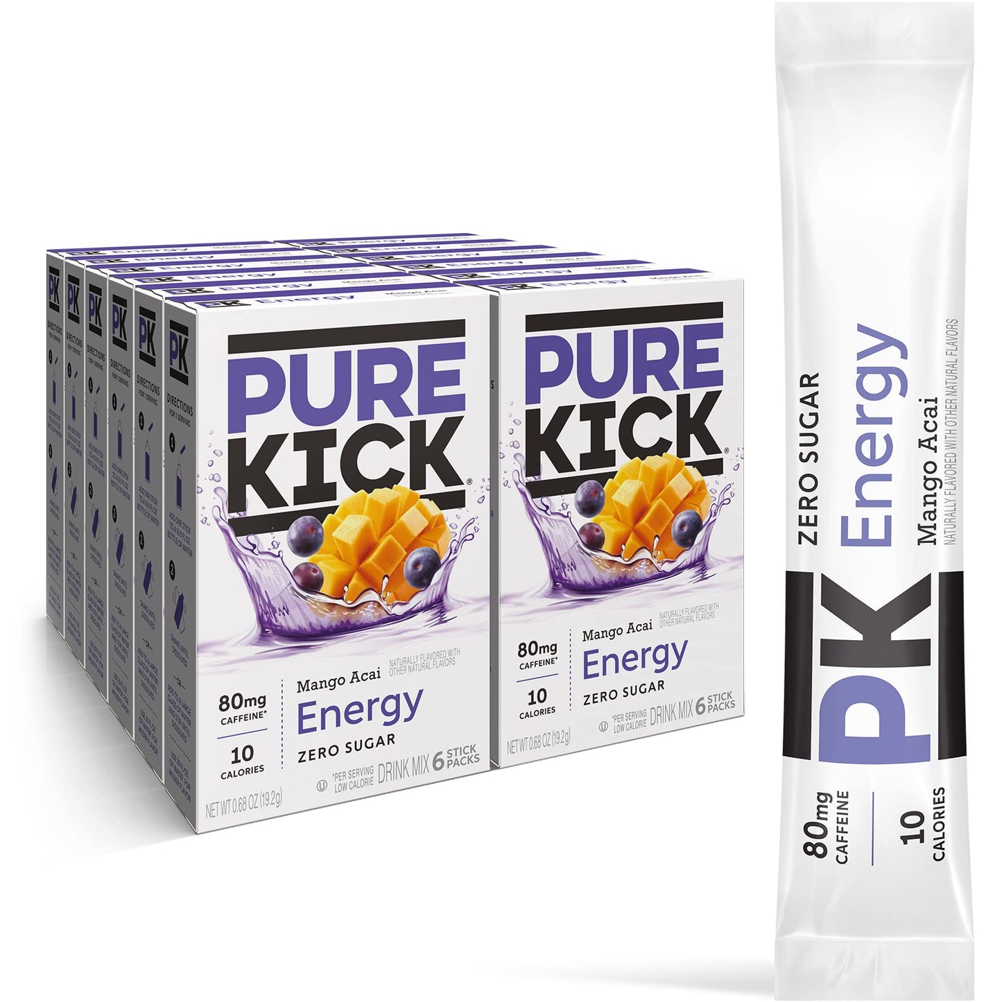 PURE KICK Energy Singles To Go Drink Mix, Mango Acai Flavor, 72 Packets (12 Boxes, 6 Packets Each)