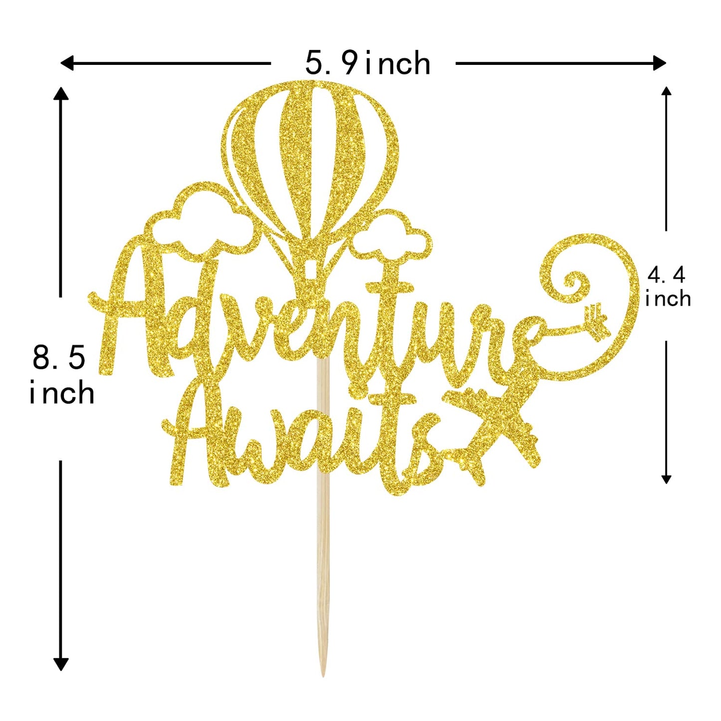 Hotmoon Adventure Awaits Cake Topper, Gold Glitter, Graduation/Retirement/Baby Shower Party Decorations, Model HM-0324