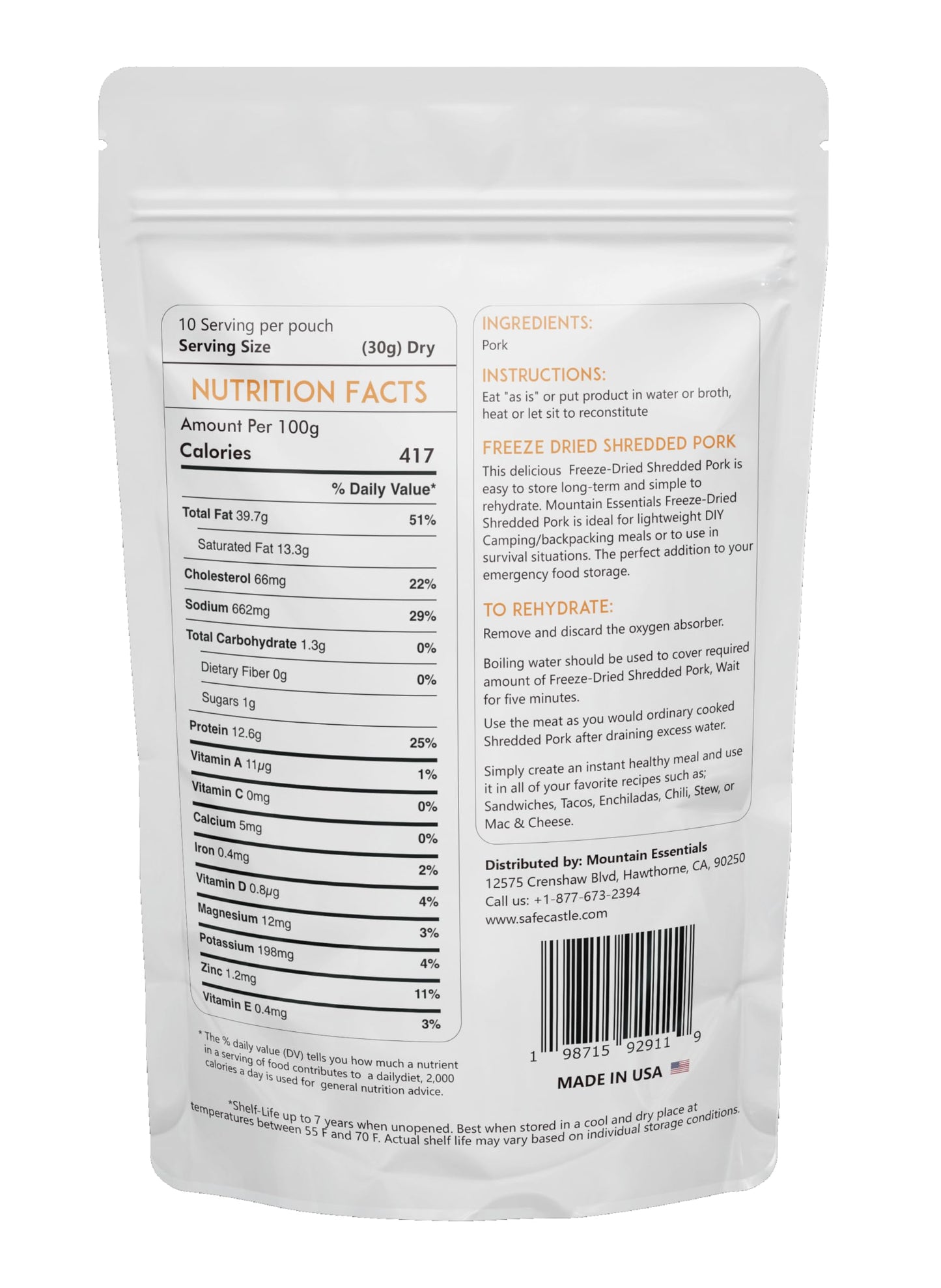 Mountain Essentials Freeze-Dried Shredded Pork – Fully Cooked, Ready-To-Eat Meat | 10 Servings Per Pouch | 7-Year Shelf Life | Ideal For Daily Meals, Camping, Emergency Preparedness & Survival | Made In Usa | Pack Of 1