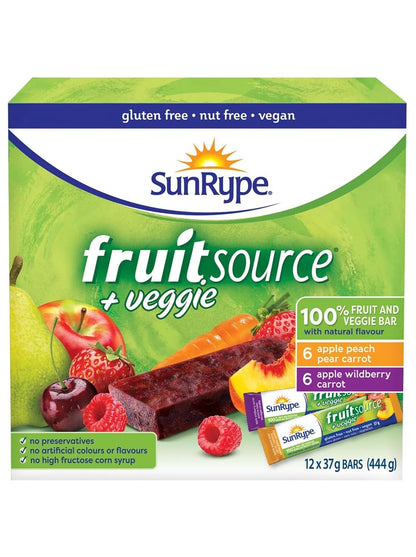 SunRype FruitSource Veggie 100% Fruit and Vegetable Bar Snack Variety Pack, 444g/16oz., {Imported from Canada}